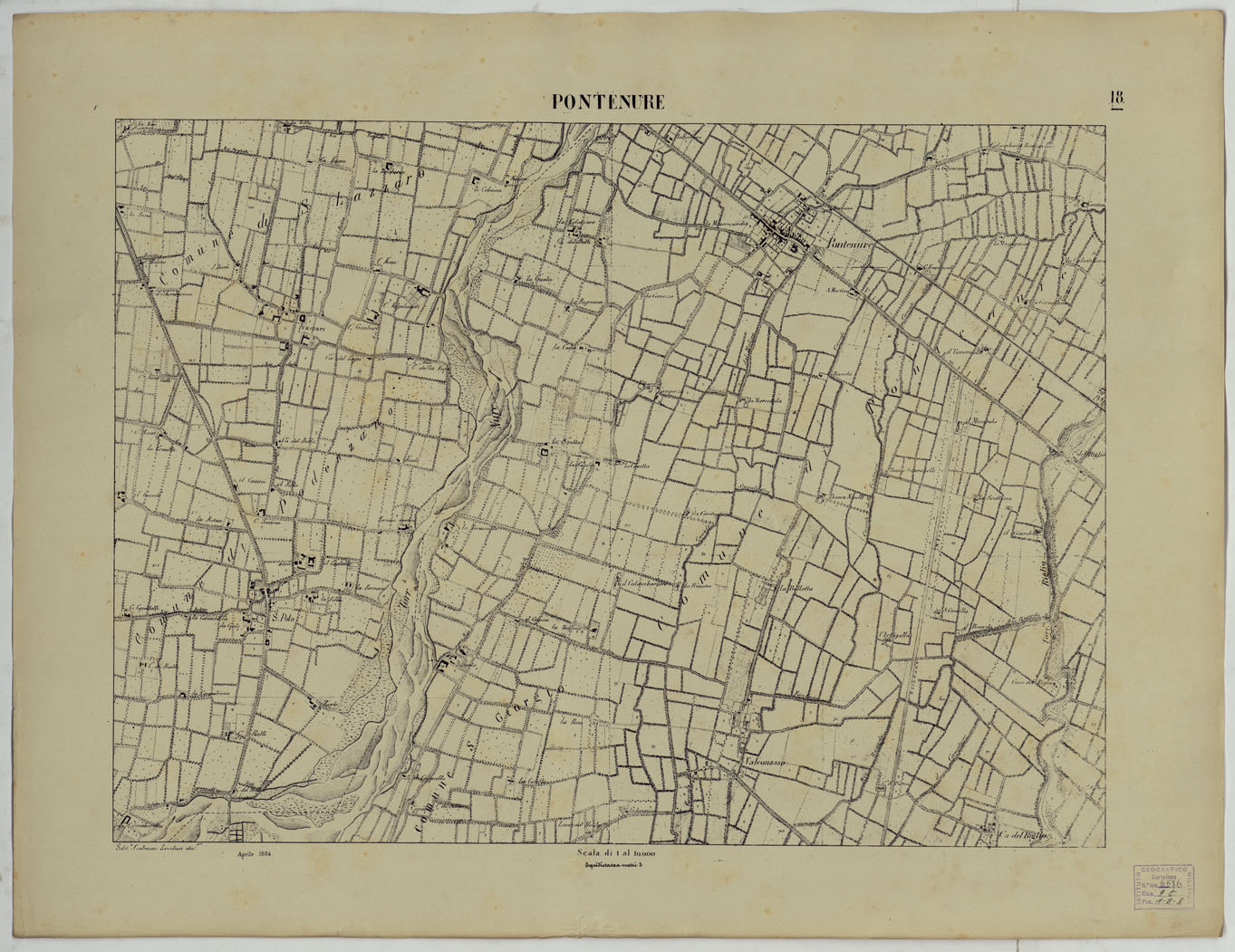 (N:24750) Valle del Po - Piacenza, Cremona, Pizzighettone - Tavoletta 18 - Pontenure (CA005424) Carte e stampe antiche: riproduzione a colori su carta (formato A1)