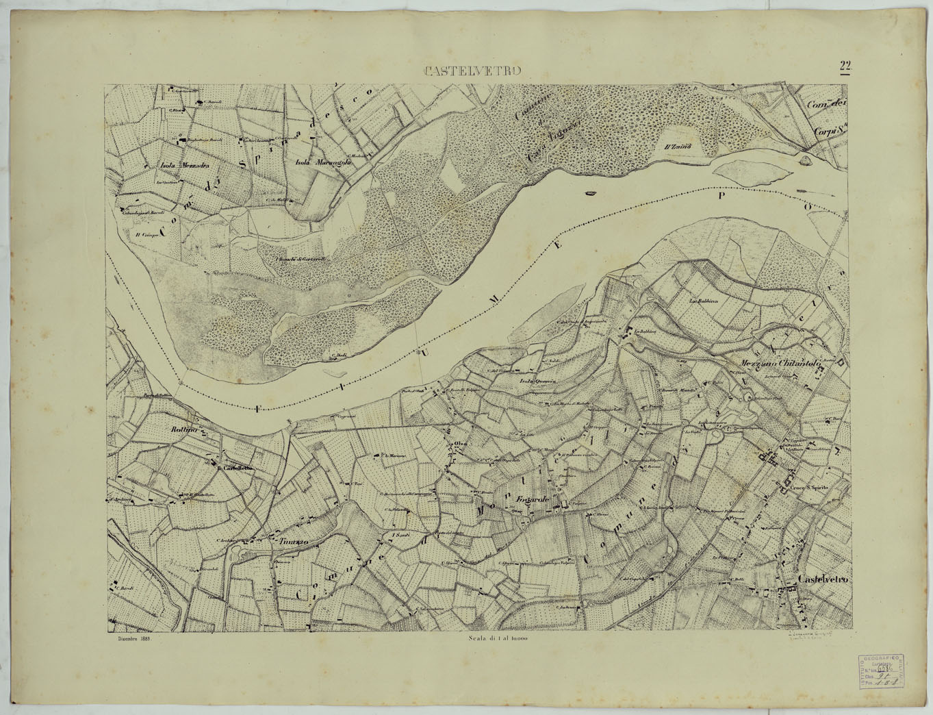 (N:24754) Valle del Po - Piacenza, Cremona, Pizzighettone - Tavola 22 - Castelvetro (CA005428) Carte e stampe antiche: riproduzione a colori su carta (formato A1)