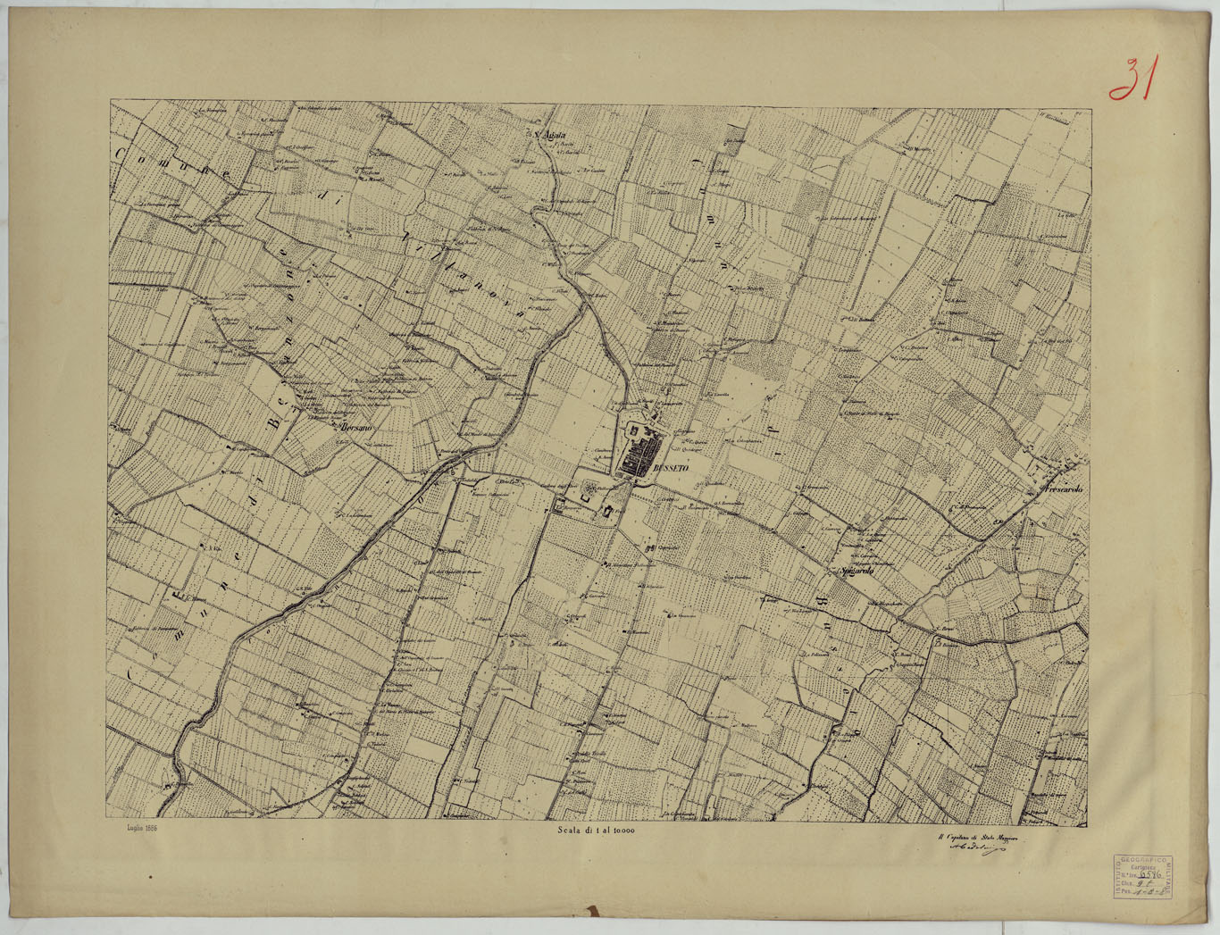 (N:24762) Valle del Po - Piacenza, Cremona, Pizzighettone - Tavola 31 - Busseto (CA005437) Carte e stampe antiche: riproduzione a colori su carta (formato A1)