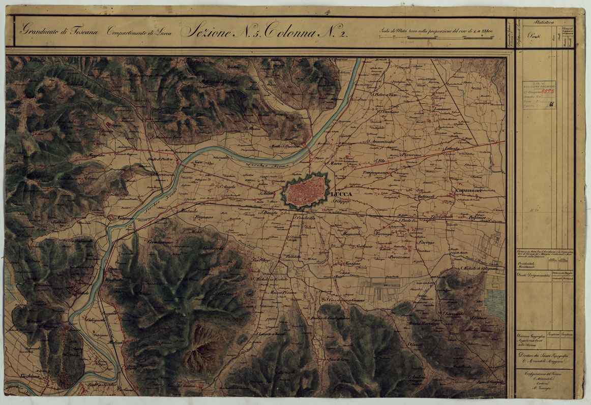 (N:6508) CARTA TOPOGRAFICA DEL COMPARTIMENTO LUCCHESE ESEGUITA D'ORDINE DI SUA ECCELLENZA IL SIGNOR TENENTE GENERALE CAV. G. DE LAUGIER CONTE DI BELLECOUR MINISTRO DELLA GUERRA - SEZIONE N. 5 COLONNA N. 2. (CA005575) Carte e stampe antiche: riproduzione a colori su carta (formato A1)