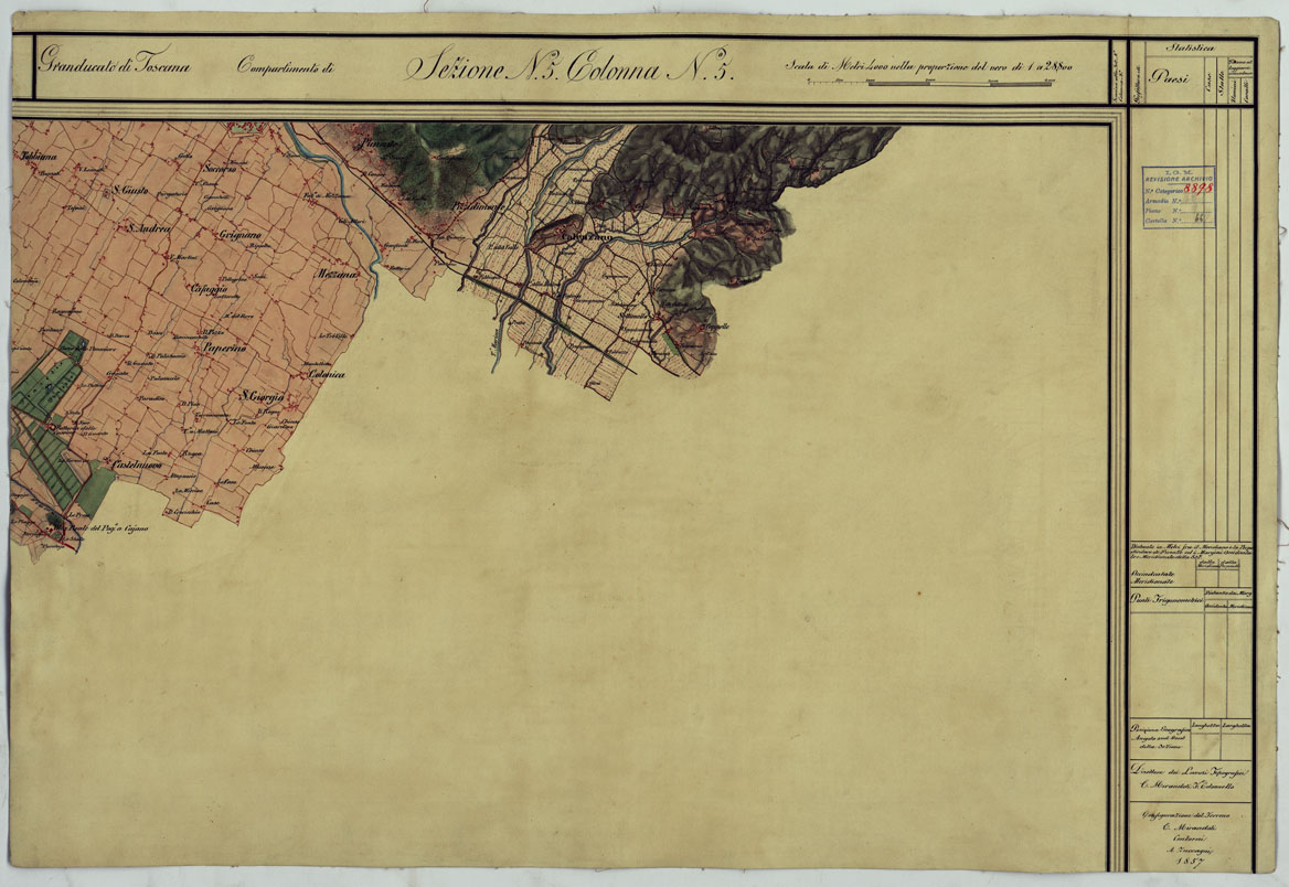 (N:6511) CARTA TOPOGRAFICA DEL COMPARTIMENTO LUCCHESE ESEGUITA D'ORDINE DI SUA ECCELLENZA IL SIGNOR TENENTE GENERALE CAV. G. DE LAUGIER CONTE DI BELLECOUR MINISTRO DELLA GUERRA - SEZIONE N. 5 COLONNA N. 5. (CA005578) Carte e stampe antiche: riproduzione a colori su carta (formato A1)