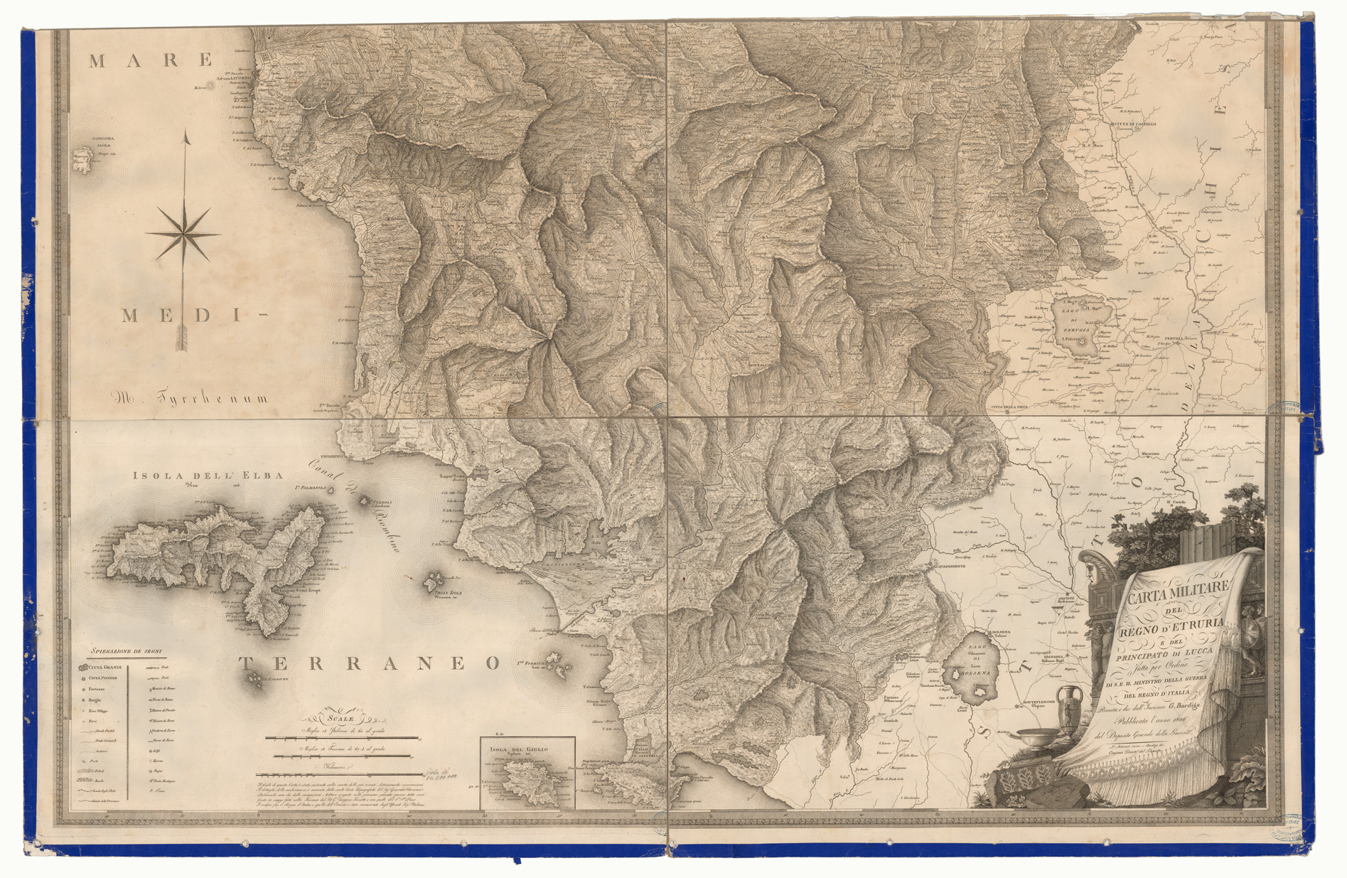 (N:5731) CARTA MILITARE DEL REGNO D'ETRURIA E DEL PRINCIPATO DI LUCCA FATTA PER ORDINE DI S. E. IL MINISTRO DELLA GUERRA DEL REGNO DITALIA, RIUNITA E DIS. DALLINCISORE G. BORDIGA PUBBLICATA LANNO 1806 DAL DEPOSITO GENERALE DELLA GUERRA (CA005715, CA005716) Carte e stampe antiche: riproduzione a colori su carta (formato A1)