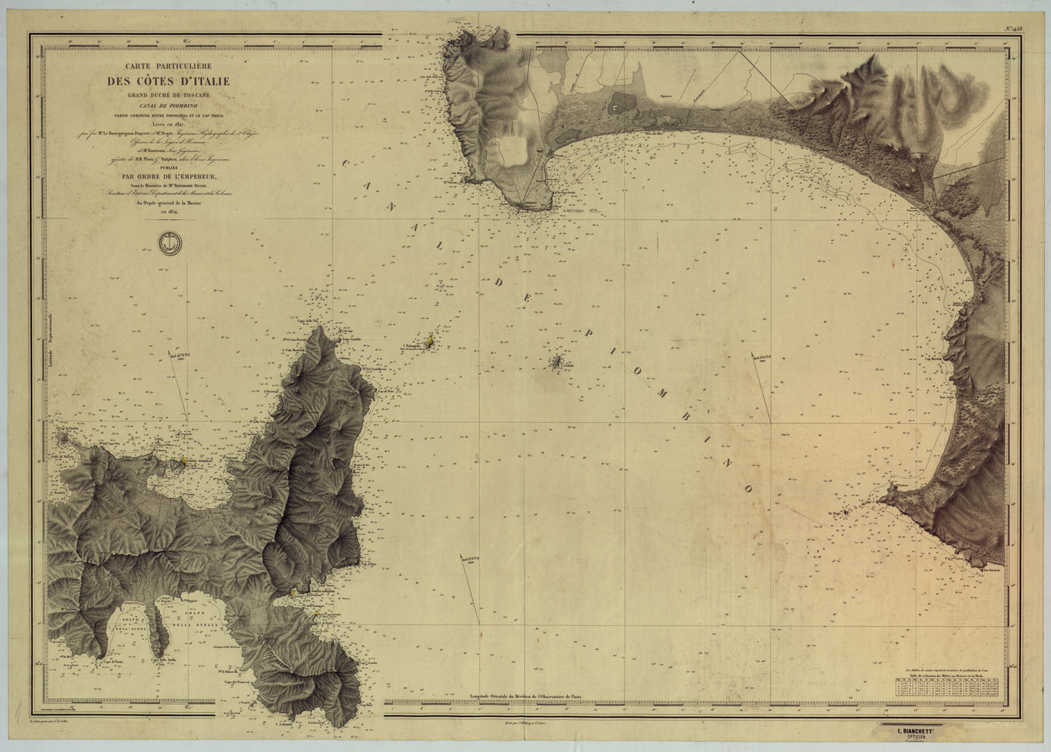 (N:8609) CARTE PARTICULIERE DES COTES D'ITALIE GRAND DUCHE' DE TOSCANE CANAL DE PIOMBINO PARTIE COMPRISE ENTRE POPOLONIA ET LA CAP TROJA LEVEE EN 1847, PAR FEU M.RE LE BOURGUIGNON-DUPERRE' ET M.RE BEGAT INGENIEUR IDROGRAPHES DE 1 CLASSE OFFICIERS. (CA005726) Carte e stampe antiche: riproduzione a colori su carta (formato A1)