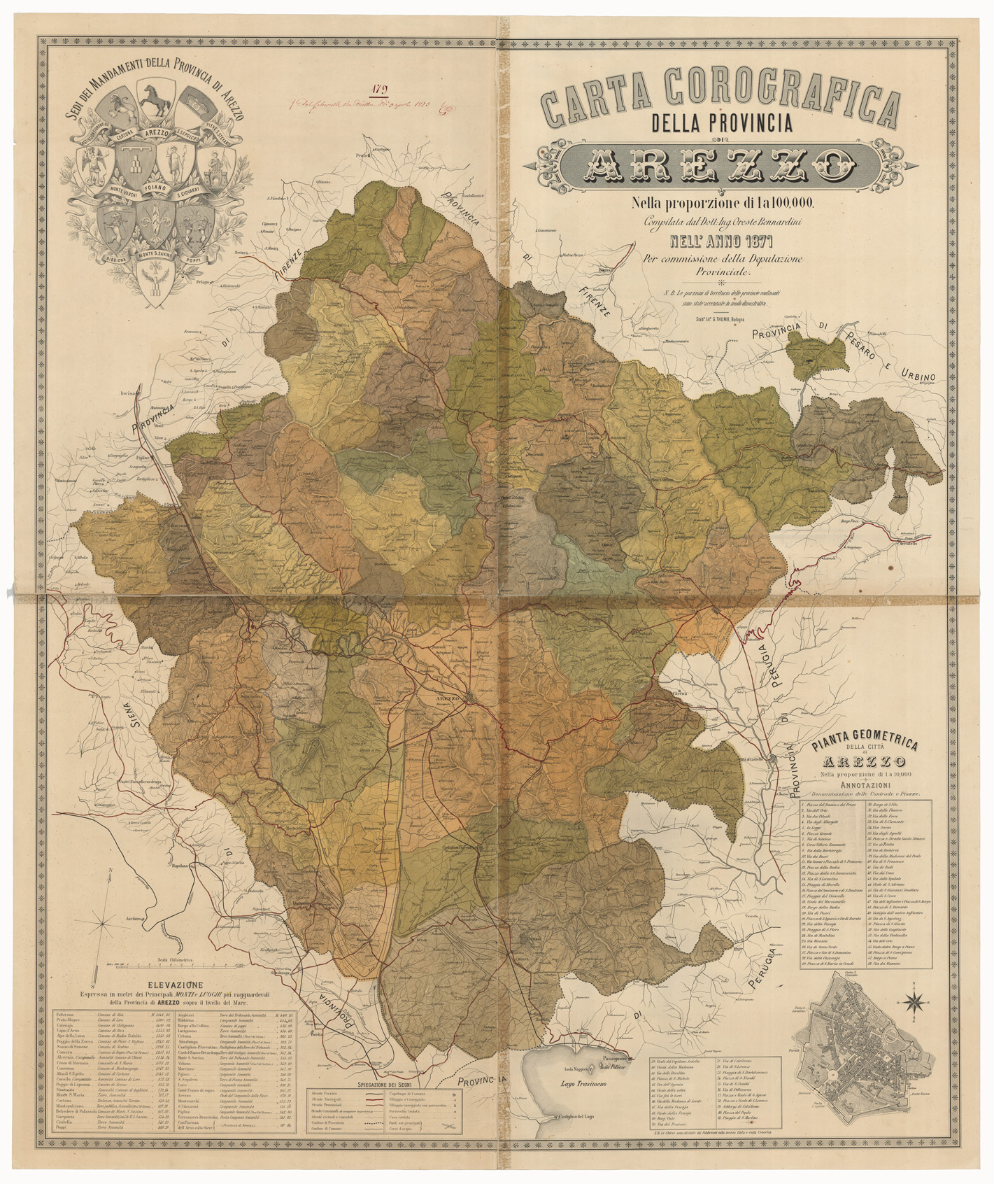 (N:825) CARTA COROGRAFICA DELLA PROVINCIA DI AREZZO NELLA PROPORZIONE DI 1:100.000. COMPILATA DAL DOTT. ING. ORESTE BENNARDINI NELL'ANNO 1871. PER COMMISSIONE DELLA DEPUTAZIONE PROVINCIALE STAB. LIT. G. THUMB, BOLOGNA. (CA005728) Carte e stampe antiche: riproduzione a colori su carta (formato A1)