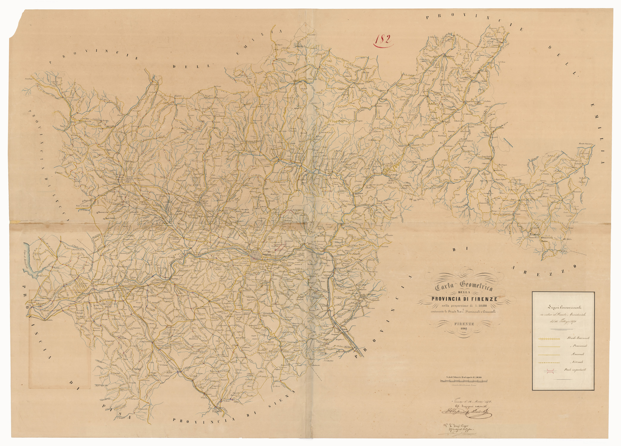 (N:5333) CARTA GEOMETRICA DELLA PROVINCIA DI FIRENZE NELLE PROPORZIONI DI 1:100.000 CONTENENTE LE STRADE NAZIONALI, PROVINCIALI E COMUNALI. FIRENZE 186... LITOGRAFIA ATTILIO BRAMANTI. FIRENZE. (CA005730) Carte e stampe antiche: riproduzione a colori su carta (formato A1)