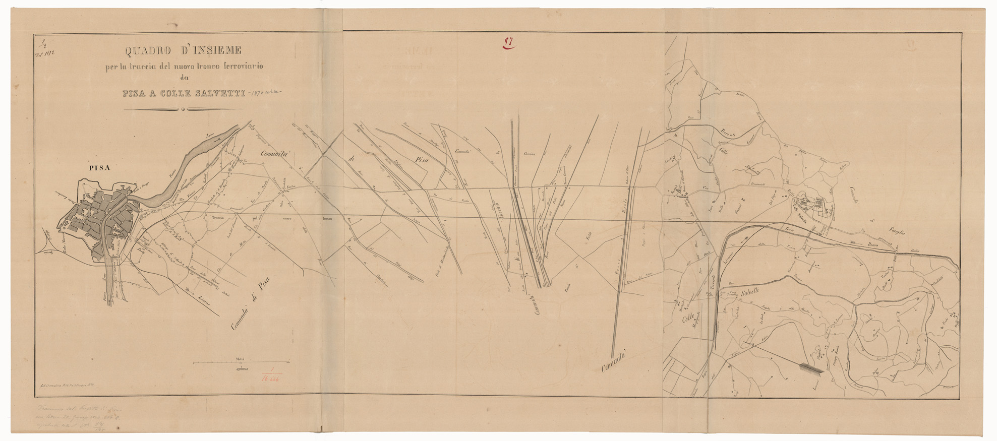 (N:14587) QUADRO D'INSIEME PER LA TRACCIA DEL NUOVO TRONCO FERROVIARIO DA PISA A COLLE SALVETTI LIT. CROMATICA. PISA. SECOLO XIX. SCALA DI 1:16.666. (CA005737) Carte e stampe antiche: riproduzione a colori su carta (formato A1)