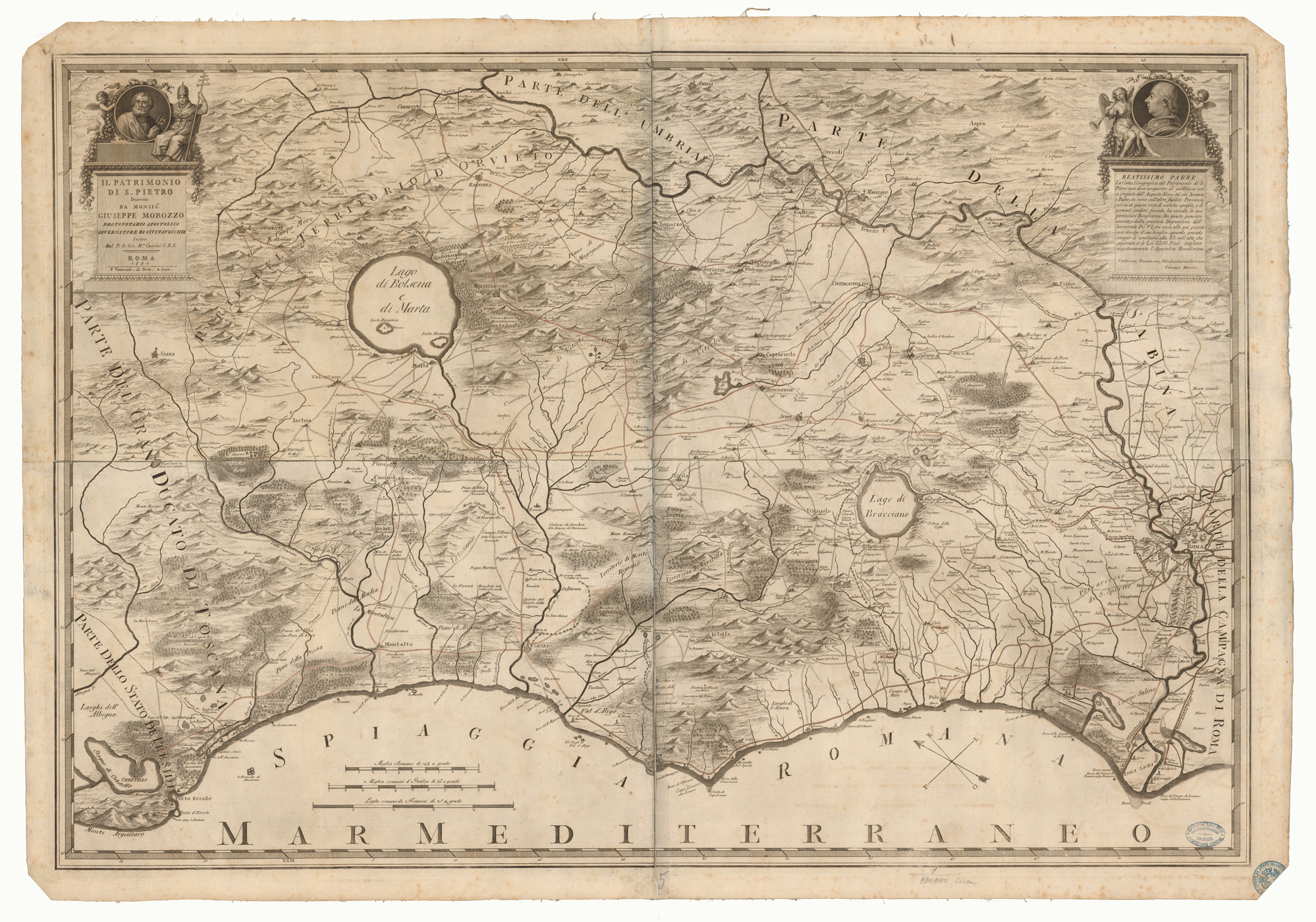 (N:13214) IL PATRIMONIO DI S. PIETRO DESCRITTO DA MONSIGNOR GIUSEPPE MAROZZO PROTONOTARIO APOSTOLICO GOVERNATORE DI CIVITAVECCHIA. INCISO DA P. D. GIO M.A. CASSINI C. R. S. ROMA 1791. (CA005817) Carte e stampe antiche: riproduzione a colori su carta (formato A1)