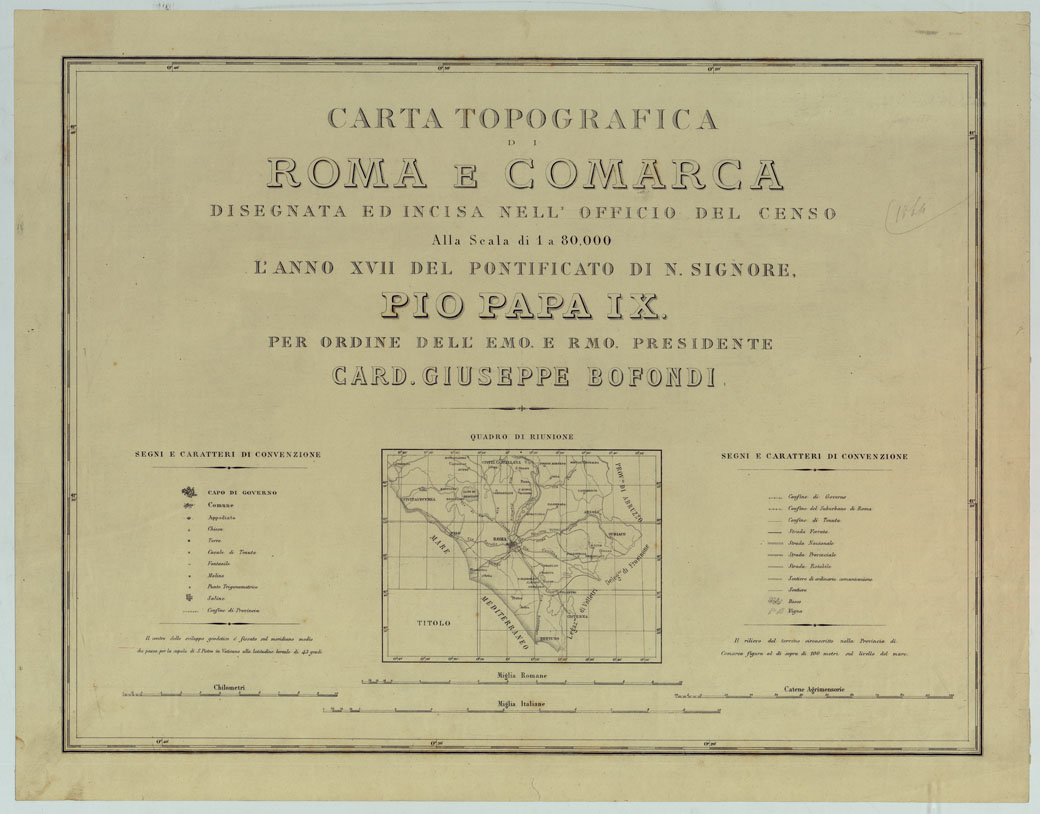 (N:15614) CARTA TOPOGRAFICA DI ROMA E COMARCA DISEGNATA ED INCISA NELL'OFFICIO DEL CENSO ALLA SCALA DI 1:80.000 L'ANNO XVII DEL PONTIFICATO DI N. SIGNORE PAPA PIO IX PER ORDINE DELL'E.MO E R.MO PRESIDENTE CARDINALE GIUSEPPE BOFONDI - QUADRO D'UNIONE  E TITOLO. (CA005844) Carte e stampe antiche: riproduzione a colori su carta (formato A1)