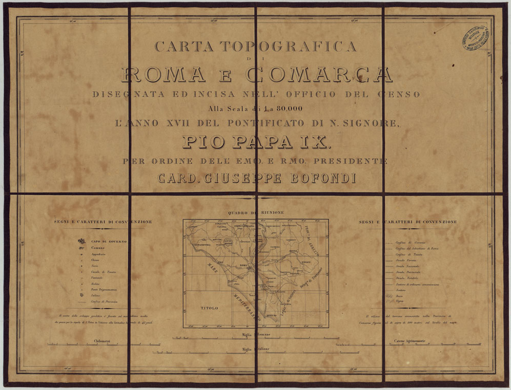 (N:24887) CARTA TOPOGRAFICA DI ROMA E COMARCA DISEGNATA ED INCISA NELL'OFFICIO DEL CENSO ALLA SCALA DI 1:80.000 L'ANNO XVII DEL PONTIFICATO DI N. SIGNORE PAPA PIO IX PER ORDINE DELL'E.MO E R.MO PRESIDENTE CARDINALE GIUSEPPE BOFONDI - QUADRO D'UNIONE E TITOLO. (CA005853) Carte e stampe antiche: riproduzione a colori su carta (formato A1)