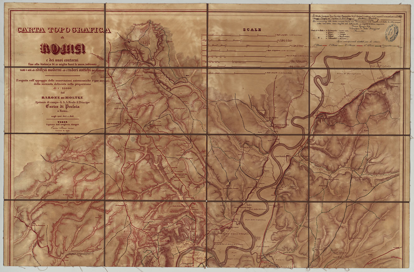 (N:15635) CARTA TOPOGRAFICA DI ROMA E DEI SUOI CONTORNI FINO ALLA DISTANZA DI 10 MIGLIA FUORI LE MURA, INDICANTE TUTTI I SITI ED EDIFIZII MODERNI ED I RUDERI ANTICHI IVI ESISTENTI. ESEGUITA COLL'APPOGGIO DELLE OSSERVAZIONI ASTRONOMICHE. (CA005863) Carte e stampe antiche: riproduzione a colori su carta (formato A1)