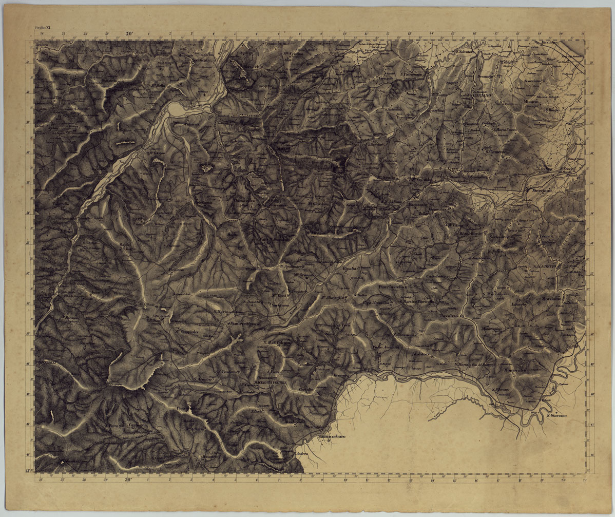 (N:14352) CARTA TOPOGRAFICA DELLA PROVINCIA DI FORLI' COL TERRITORIO DELLA REPUBBLICA DI S. MARINO E CON PARTE DI QUELLO DELLE FINITIME PROVINCIE DI FIRENZE, AREZZO, PESARO E RAVENNA - FOGLIO XI. (CA005950) Carte e stampe antiche: riproduzione a colori su carta (formato A1)