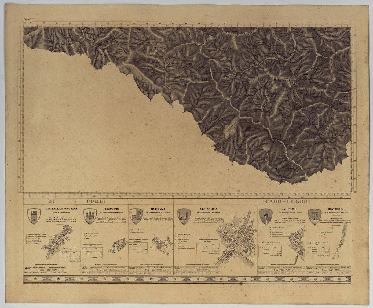 (N:14355) CARTA TOPOGRAFICA DELLA PROVINCIA DI FORLI' COL TERRITORIO DELLA REPUBBLICA DI S. MARINO E CON PARTE DI QUELLO DELLE FINITIME PROVINCIE DI FIRENZE, AREZZO, PESARO E RAVENNA - FOGLIO XIV. (CA005953) Carte e stampe antiche: riproduzione a colori su carta (formato A1)