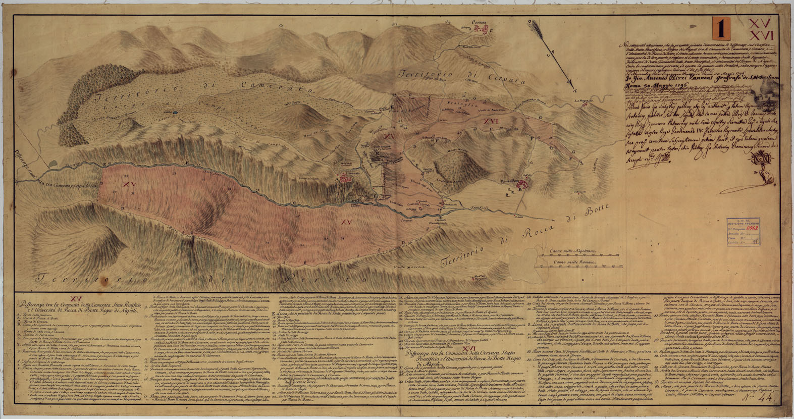 (N:9044) Delimitazione di Confine tra il Reame di Napoli e lo Stato Pontificio 1 nel territorio Pontificie di Camerata e Cervara e a quella di Rocca di Botte nel Regno di Napoli - Tav. XV-XVI (CA005961) Carte e stampe antiche: riproduzione a colori su carta (formato A1)
