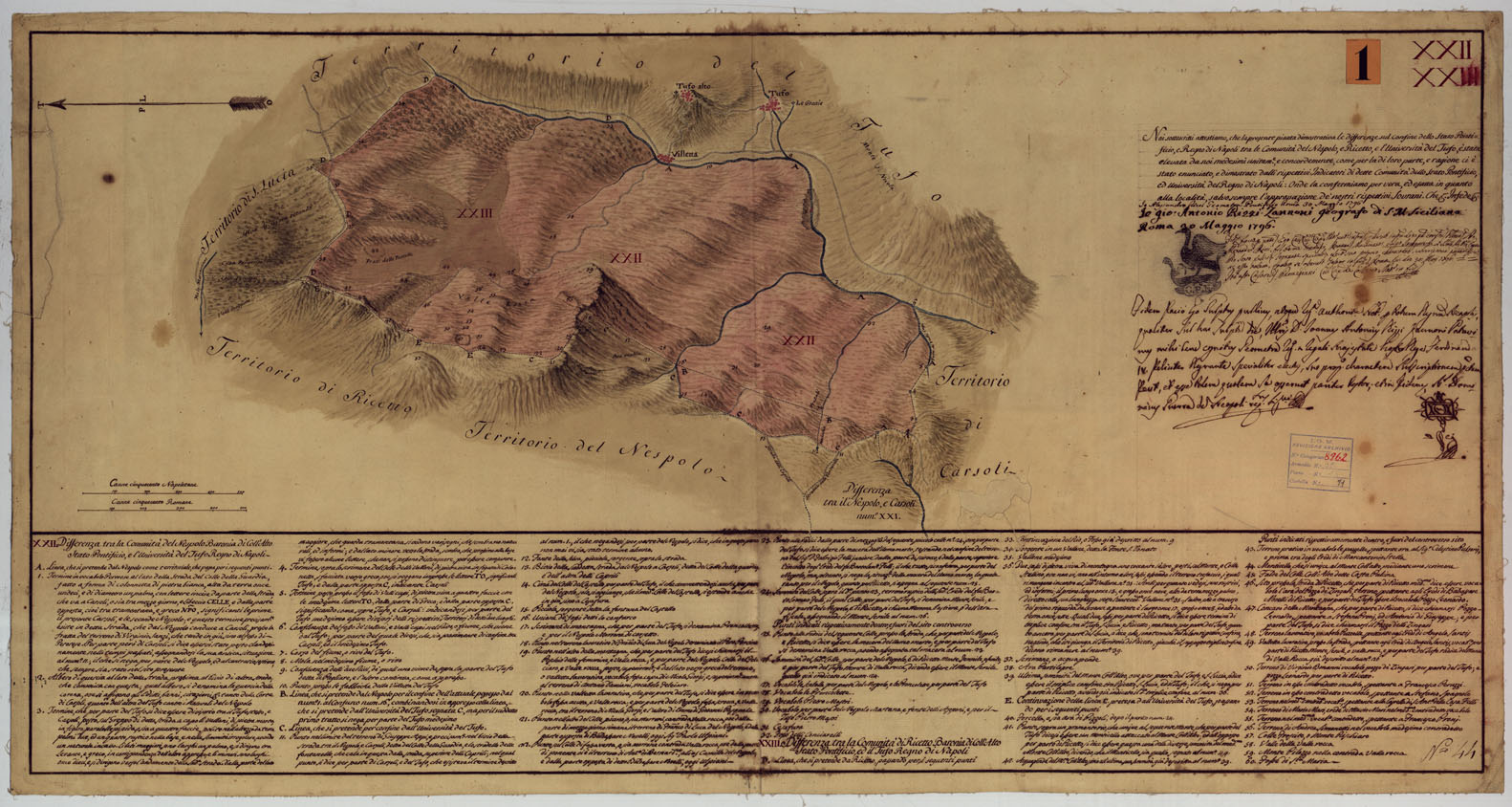 (N:9042) Delimitazione di Confine tra il Reame di Napoli e lo Stato Pontificio 1 nel territorio Pontificie di Camerata e Cervara e a quella di Rocca di Botte nel Regno di Napoli - Tav. XXII-XXIII (CA005962) Carte e stampe antiche: riproduzione a colori su carta (formato A1)