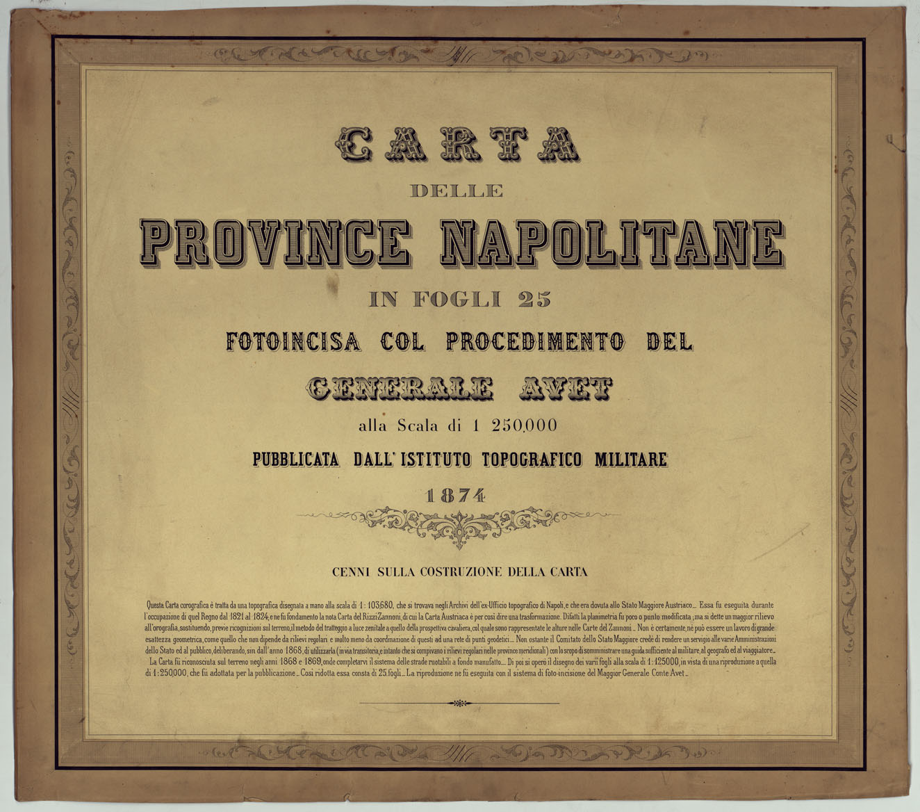 (N:14520) CARTA DELLE PROVINCIE NAPOLETANE IN 25 FOGLI COL PROCEDIMENTO DEL GENERALE AVET ALLA SCALA DI 1 250.000 PUBBLICATA DALL'ISTITUTO TOPOGRAFICO MILITARE 1874. (CA006087, CA006089) Carte e stampe antiche: riproduzione a colori su carta (formato A1)