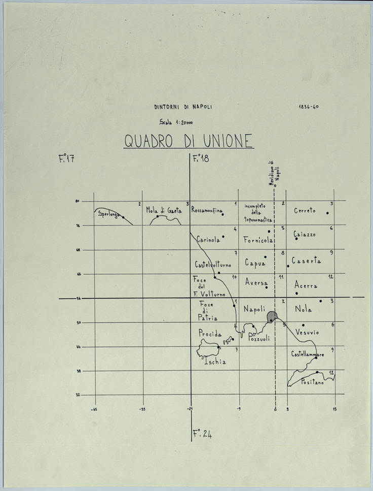 (N:9483) DISEGNI ORIGINALI DELLA CARTA DEI DINTORNI DI NAPOLI ALLA SCALA DI 1: 20.000 ESEGUITI NELL'UFFICIO TOPOGRAFICO DELL'EX - REGNO DI NAPOLI 1836-40 - QUADRO D'UNIONE. (CA006161) Carte e stampe antiche: riproduzione a colori su carta (formato A1)