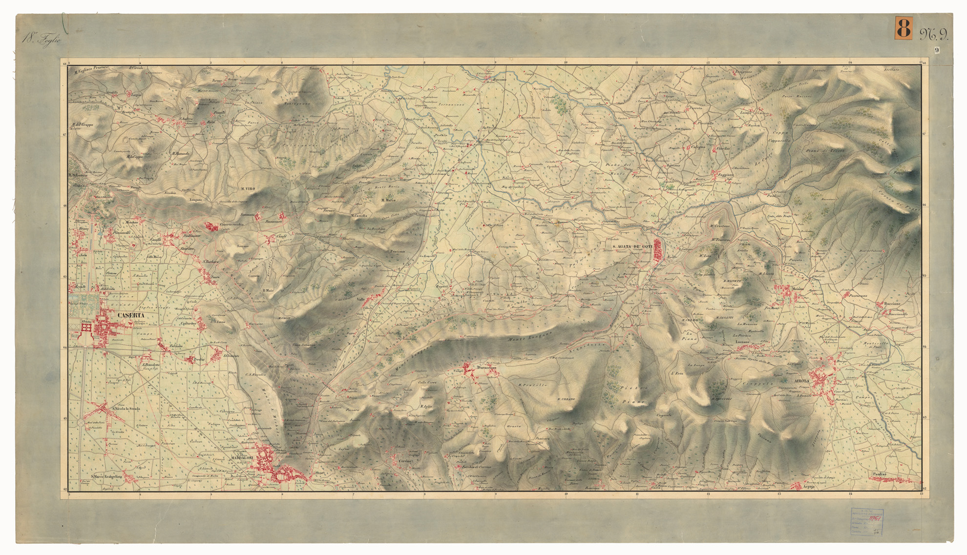 (N:9461) DISEGNI ORIGINALI DELLA CARTA DEI DINTORNI DI NAPOLI ALLA SCALA DI 1: 20.000 ESEGUITI NELL'UFFICIO TOPOGRAFICO DELL'EX - REGNO DI NAPOLI 1836-40 - FOGLIO 18 N.9. (CA006184) Carte e stampe antiche: riproduzione a colori su carta (formato A1)