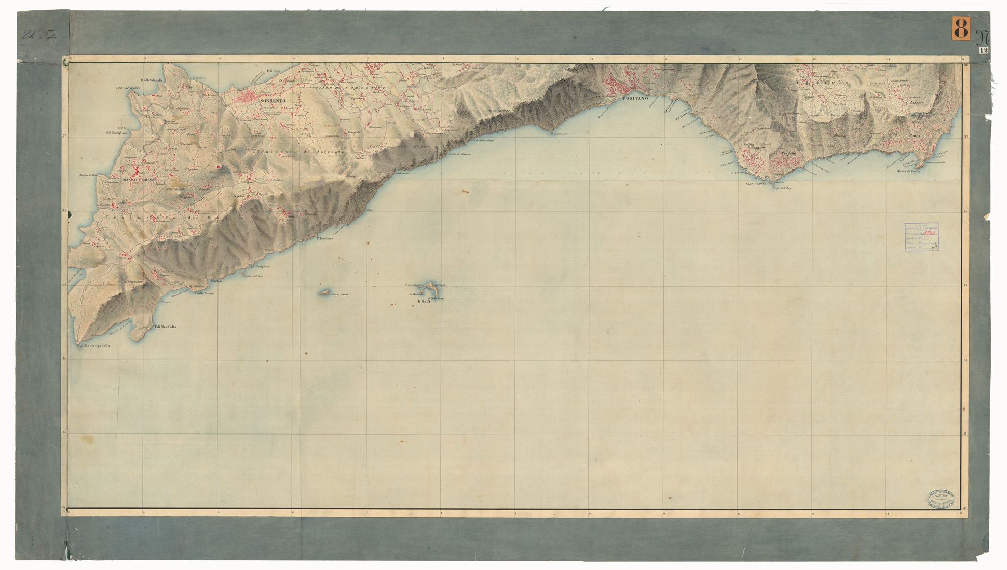 (N:9465) DISEGNI ORIGINALI DELLA CARTA DEI DINTORNI DI NAPOLI ALLA SCALA DI 1: 20.000 ESEGUITI NELL'UFFICIO TOPOGRAFICO DELL'EX - REGNO DI NAPOLI 1836-40  - FOGLIO 24 N.12. (CA006208) Carte e stampe antiche: riproduzione a colori su carta (formato A1)