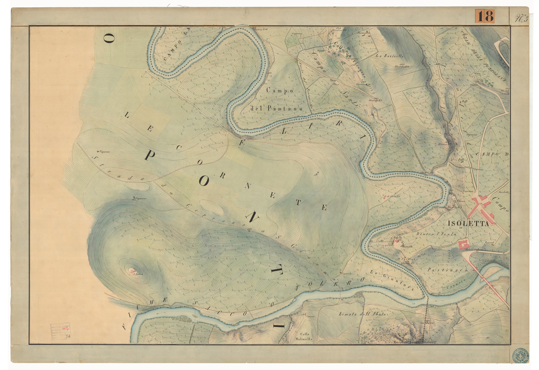 (N:13231) PIANO D'ISOLETTA E DEL TERRENO ADIACENTE A CIRCA UN MIGLIO DI RAGGIO ALLA SCALA DELL'1:2.000, LEVATO PER ORDINE DI SUA MAESTA' (D. G.) NELL'ANNO 1853 DA UFFIZIALI ED INGEGNERI DEL REALE OFFICIO TOPOGRAFICO - Foglio 3 (CA006214) Carte e stampe antiche: riproduzione a colori su carta (formato A1)