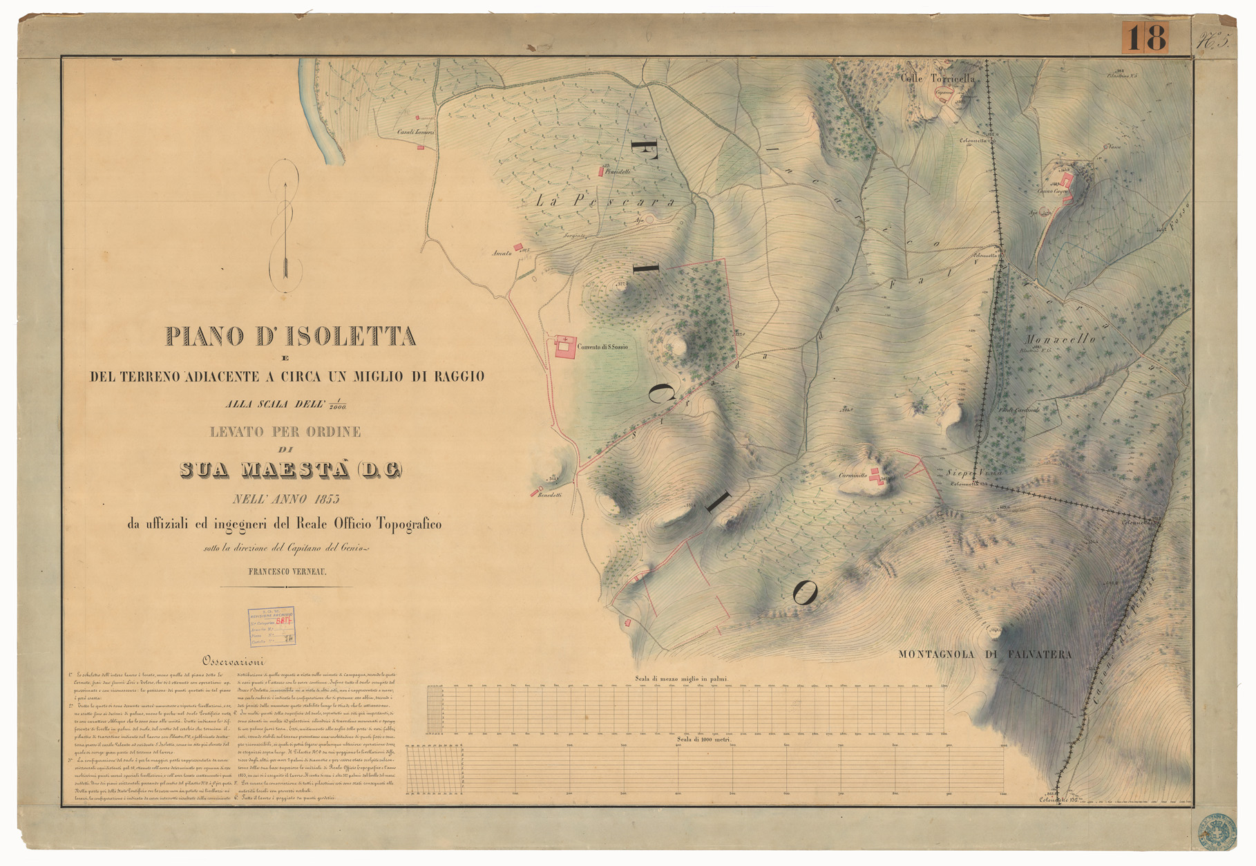 (N:13235) PIANO D'ISOLETTA E DEL TERRENO ADIACENTE A CIRCA UN MIGLIO DI RAGGIO ALLA SCALA DELL'1:2.000, LEVATO PER ORDINE DI SUA MAESTA' (D. G.) NELL'ANNO 1853 DA UFFIZIALI ED INGEGNERI DEL REALE OFFICIO TOPOGRAFICO - FOGLIO 5 TITOLO. (CA006218) Carte e stampe antiche: riproduzione a colori su carta (formato A1)