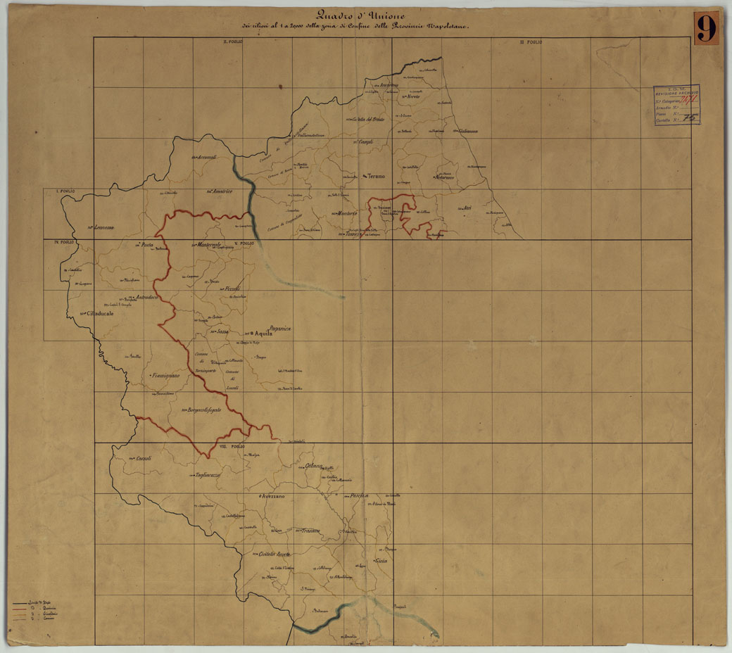 (N:2002) TAVOLETTE AL 20.000 PER LA CARTA DEL REGNO DI NAPOLI - QUADRO D'UNIONE DEI RILIEVI AL 1 A 20.000 DELLA ZONA DI CONFINE DELLE PROVINCE MERIDIONALI. (CA006234) Carte e stampe antiche: riproduzione a colori su carta (formato A1)