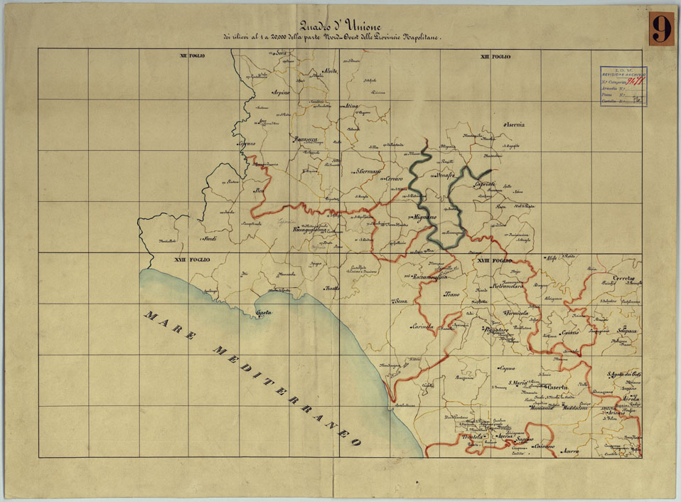 (N:2051) TAVOLETTE AL 20.000 PER LA CARTA DEL REGNO DI NAPOLI  - QUADRO D'UNIONE DEI RILIEVI DELLA PARTE NORD-OVEST DELLE PROVINCIE NAPOLITANE. (CA006285) Carte e stampe antiche: riproduzione a colori su carta (formato A1)