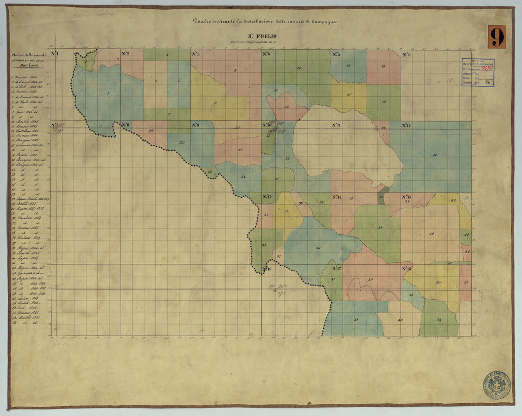 (N:2047) TAVOLETTE AL 20.000 PER LA CARTA DEL REGNO DI NAPOLI  - FOGLIO 8 QUADRO INDICANTE LA DISTRIBUZIONE DELLE MINUTE DI CAMPAGNA. (CA006287) Carte e stampe antiche: riproduzione a colori su carta (formato A1)