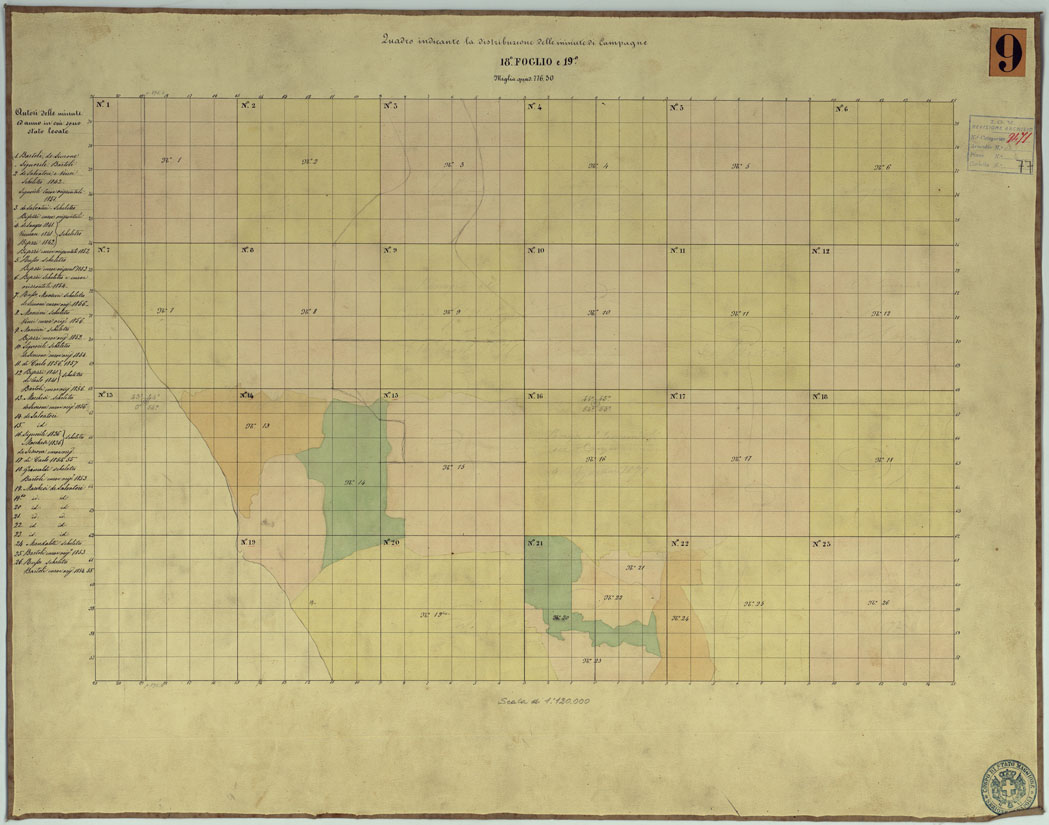 (N:2061) TAVOLETTE AL 20.000 PER LA CARTA DEL REGNO DI NAPOLI - FOGLIO 18 E 19 QUADRO DINDICANTE LA DISTRIBUZIONE DELLE MINUTE DI CAMPAGNA. (CA006340) Carte e stampe antiche: riproduzione a colori su carta (formato A1)