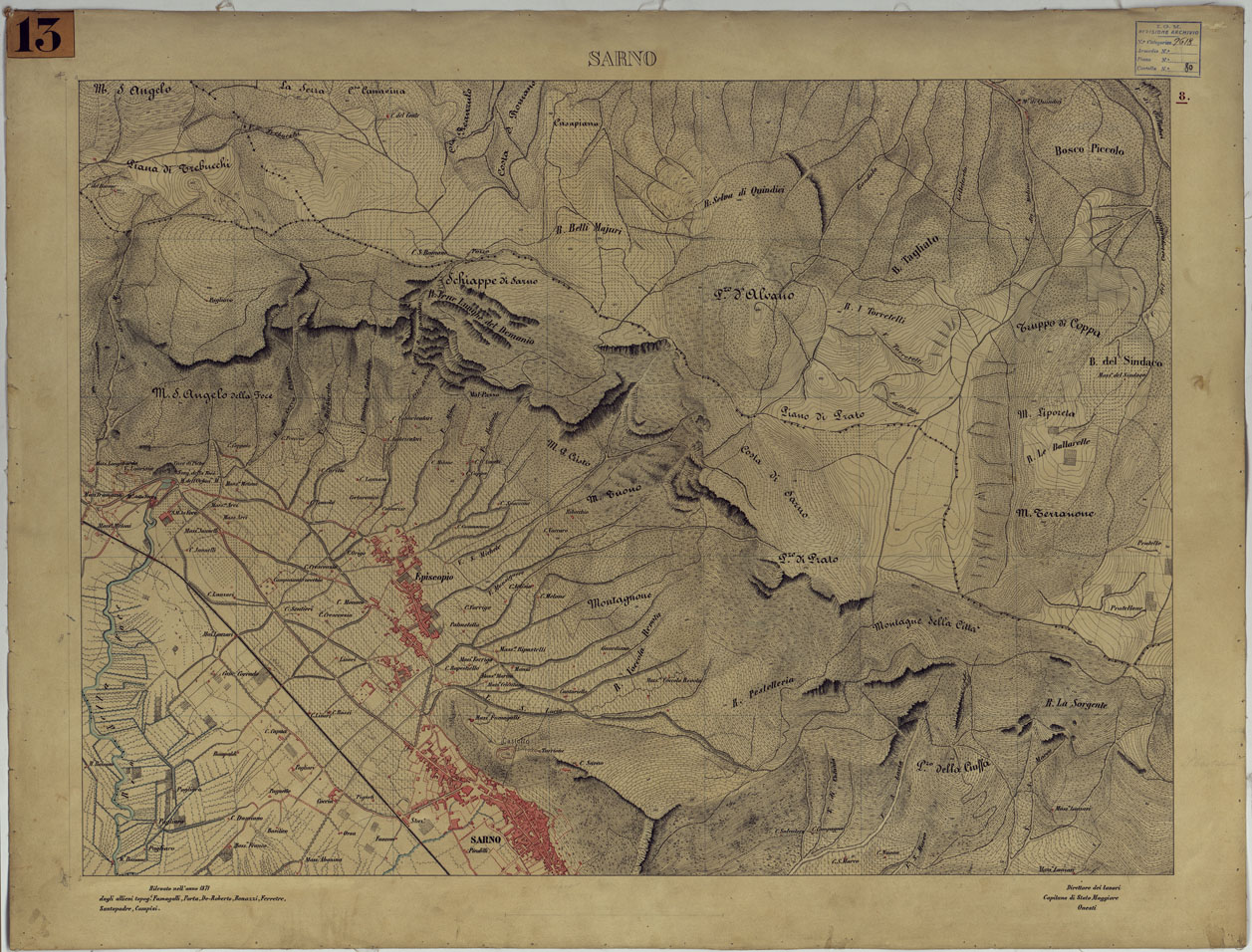 (N:13423) CARTA TOPOGRAFICA DEL MONTE VESUVIO RILEVATA E DISEGNATA DAGLI ALLIEVI DELL'ISTITUTO TOPOGRAFICO MIITARE NEGLI ANNI 1876-76 ALLA SCALA DI 1:10000 - FOGLIO 8 SARNO. (CA006627) Carte e stampe antiche: riproduzione a colori su carta (formato A1)