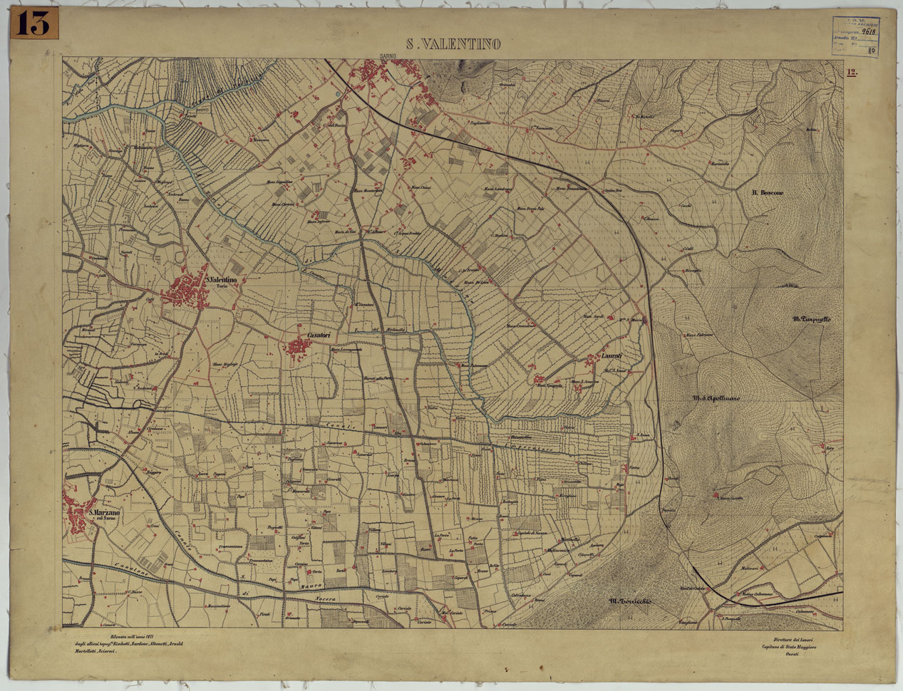 (N:13444) CARTA TOPOGRAFICA DEL MONTE VESUVIO RILEVATA E DISEGNATA DAGLI ALLIEVI DELL'ISTITUTO TOPOGRAFICO MIITARE NEGLI ANNI 1876-76 ALLA SCALA DI 1:10000 - FOGLIO 12 SAN VALENTINO. (CA006631) Carte e stampe antiche: riproduzione a colori su carta (formato A1)