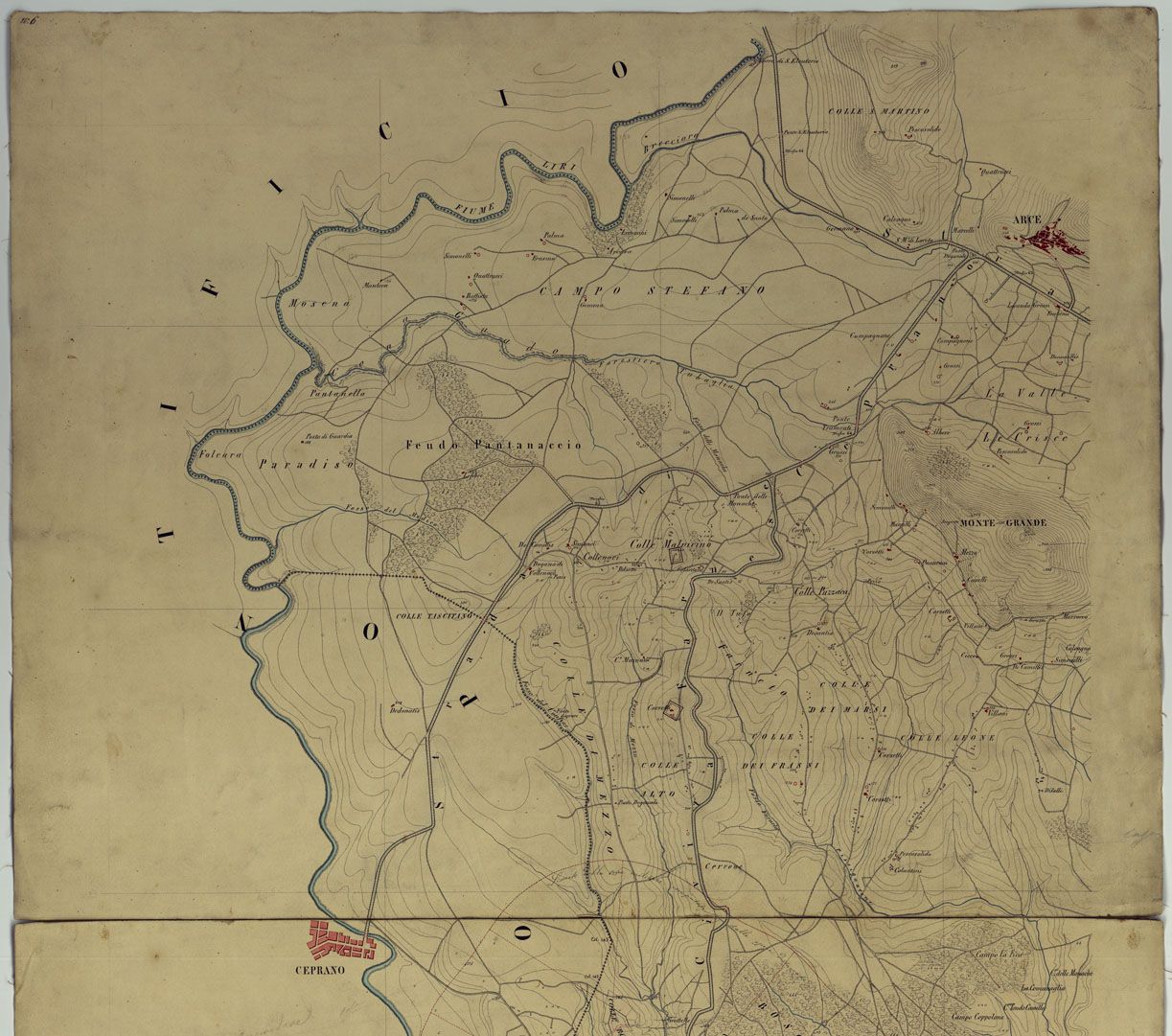 (N:9867) PIANTA TOPOGRAFICA DEL TERRENO LIMITATO DAL FIUME LIRI DALLE COLLINE DI S. GIOVANNI INCARICO DAL TORRENTE MELFI E DALLA STRADA ROTABILE DI SORA CON LE ALTURE ADIACENTI FINO AD ARCE - PARTE 1 E 2. (CA006682, CA006683) Carte e stampe antiche: riproduzione a colori su carta (formato A1)