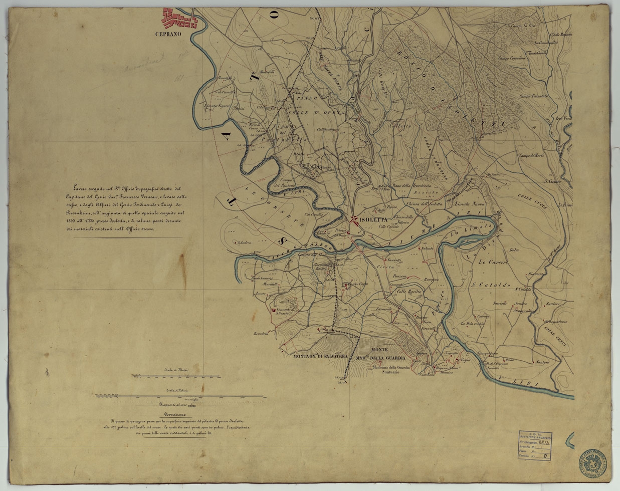 (N:9867) PIANTA TOPOGRAFICA DEL TERRENO LIMITATO DAL FIUME LIRI DALLE COLLINE DI S. GIOVANNI INCARICO DAL TORRENTE MELFI E DALLA STRADA ROTABILE DI SORA CON LE ALTURE ADIACENTI FINO AD ARCE - PARTE 1 E 2. (CA006682, CA006683) Carte e stampe antiche: riproduzione a colori su carta (formato A1)