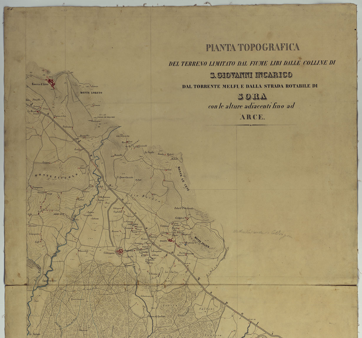 (N:9868) PIANTA TOPOGRAFICA DEL TERRENO LIMITATO DAL FIUME LIRI DALLE COLLINE DI S. GIOVANNI INCARICO DAL TORRENTE MELFI E DALLA STRADA ROTABILE DI SORA CON LE ALTURE ADIACENTI FINO AD ARCE. PARTE 1 E 2. (CA006684, CA006685) Carte e stampe antiche: riproduzione a colori su carta (formato A1)