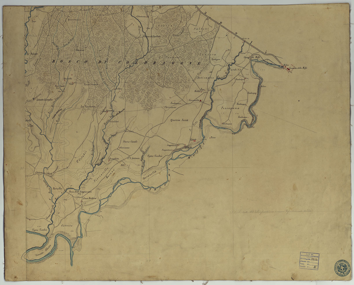 (N:9868) PIANTA TOPOGRAFICA DEL TERRENO LIMITATO DAL FIUME LIRI DALLE COLLINE DI S. GIOVANNI INCARICO DAL TORRENTE MELFI E DALLA STRADA ROTABILE DI SORA CON LE ALTURE ADIACENTI FINO AD ARCE. PARTE 1 E 2. (CA006684, CA006685) Carte e stampe antiche: riproduzione a colori su carta (formato A1)