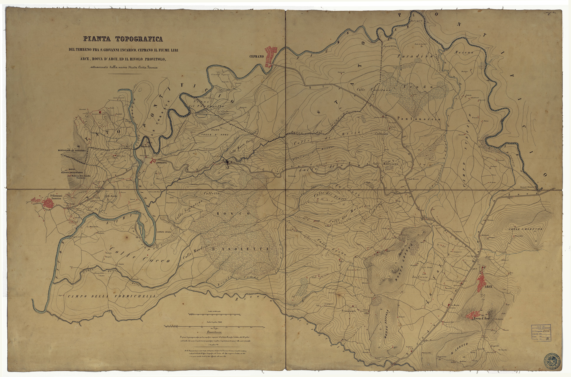 (N:15654) PIANTA TOPOGRAFICA DEL TERRENO FRA S. GIOVANNI INCARICO CAPRANO, IL FIUME LIRI, ARCE, ROCCA D'ARCE ED IL RIVOLO PROVITOLO, ATTRAVERSATO DALLA NUOVA STRADA CIVITA FARNESE (CA006686) Carte e stampe antiche: riproduzione a colori su carta (formato A1)