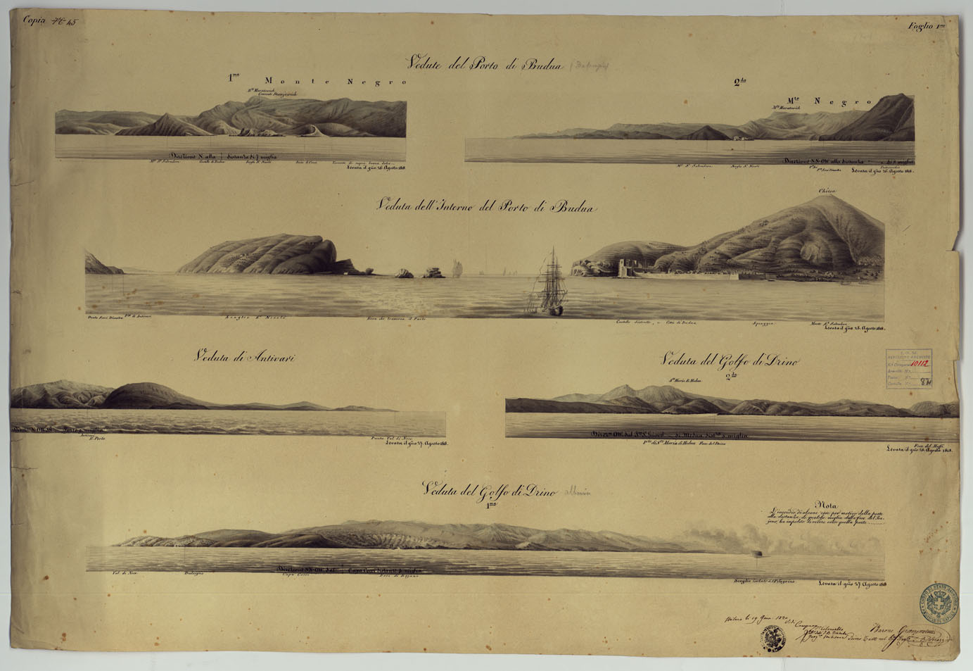 (N:14213) Vedute di alcuni punti delle Coste Dalmate, Montenegrine, Albanesi e delle Isole Ionie - Foglio 45-I - Albania - Montenegro (CA006811) Carte e stampe antiche: riproduzione a colori su carta (formato A1)
