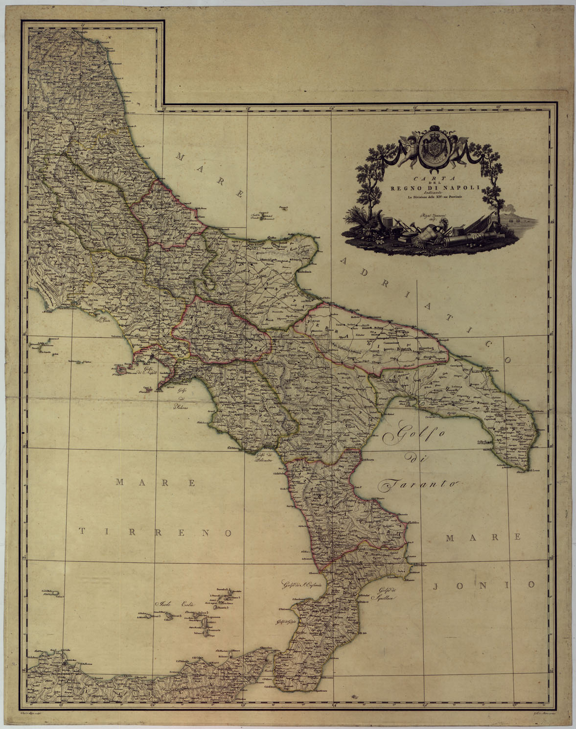 (N:1948) CARTA DEL REGNO DI NAPOLI INDICANTE LA DIVISIONE DELLE XIV SUE PROVINCIE. RIZZI ZANNONI, 1807. (CA006904) Carte e stampe antiche: riproduzione a colori su carta (formato A1)