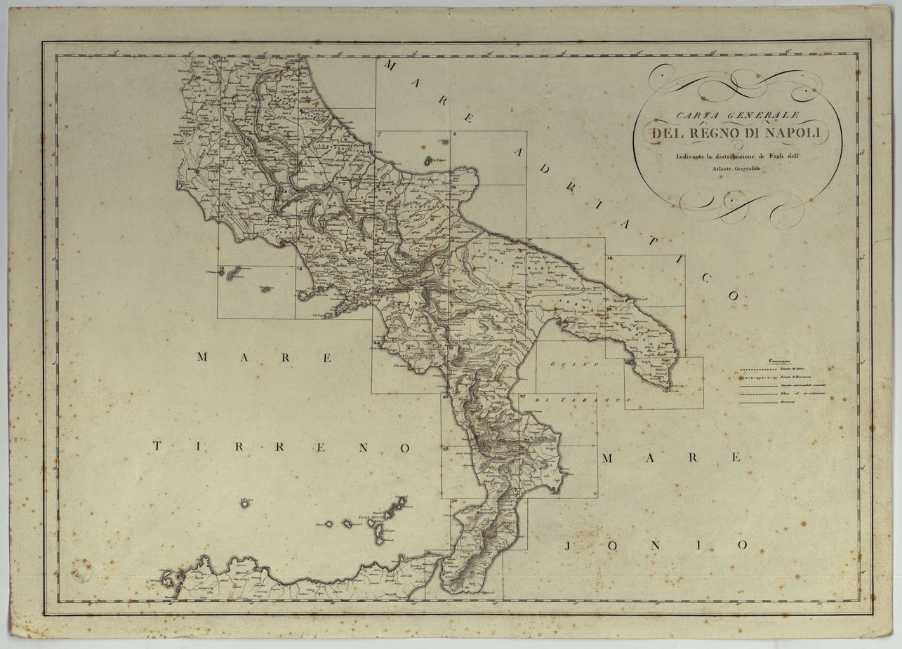 (N:25016) ATLANTE GEOGRAFICO DEL REGNO DI NAPOLI DELINEATO PER ORDINE DI FERDINANDO IV RE DELLE DUE SICILIE &C., &C., DA GIO. ANTONIO RIZZI ZANNONI GEOGRAFO DI SUA MAESTA' E TERMINATO NEL 1808 - QUADRO D'UNIONE. (CA006973) Carte e stampe antiche: riproduzione a colori su carta (formato A1)