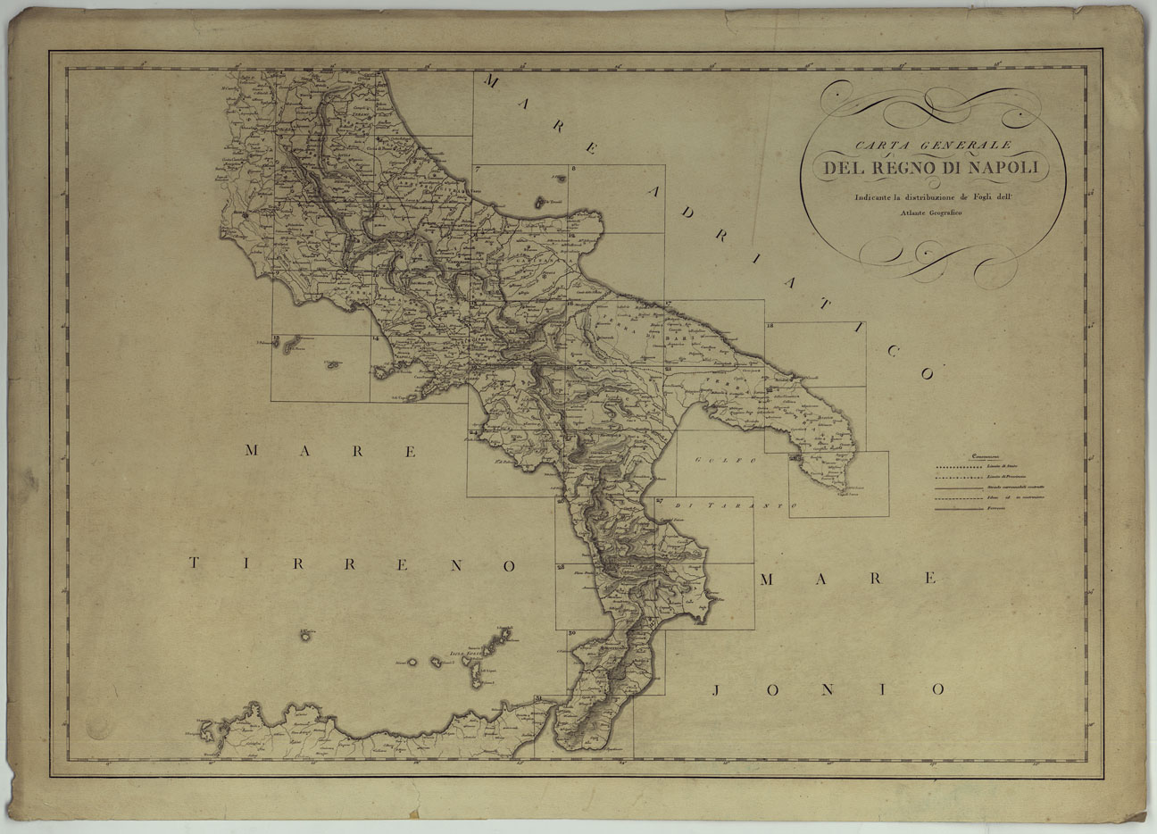 (N:25017) ATLANTE GEOGRAFICO DEL REGNO DI NAPOLI DELINEATO PER ORDINE DI FERDINANDO IV RE DELLE DUE SICILIE &C., &C., DA GIO. ANTONIO RIZZI ZANNONI GEOGRAFO DI SUA MAESTA' E TERMINATO NEL 1808 - QUADRO D'UNIONE. (CA006974) Carte e stampe antiche: riproduzione a colori su carta (formato A1)