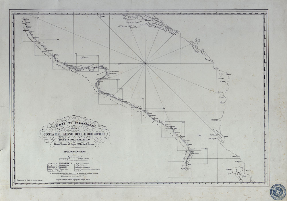 (N:25052) CARTA DI CABOTAGGIO DELLA COSTA DEL REGNO DELLE DUE SICILIE BAGNATA DALL'ADRIATICO DAL FIUME TRONTO AL CAPO DI S.TA MARIA DI LEUCA ESEGUITA NEL REALE OFFICIO TOPOGRAFICO. NAPOLI, 1834 - FOGLIO D'INSIEME. (CA007033) Carte e stampe antiche: riproduzione a colori su carta (formato A1)