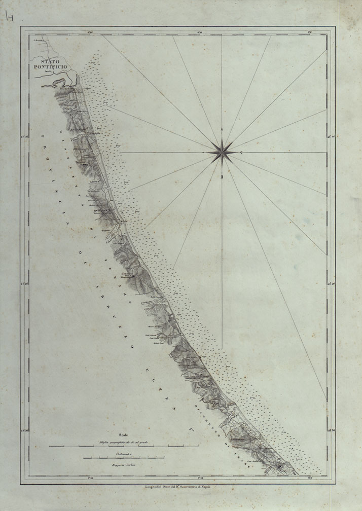 (N:25053) CARTA DI CABOTAGGIO DELLA COSTA DEL REGNO DELLE DUE SICILIE BAGNATA DALL'ADRIATICO DAL FIUME TRONTO AL CAPO DI S.TA MARIA DI LEUCA ESEGUITA NEL REALE OFFICIO TOPOGRAFICO. NAPOLI, 1834 - TAVOLA 1. (CA007034) Carte e stampe antiche: riproduzione a colori su carta (formato A1)