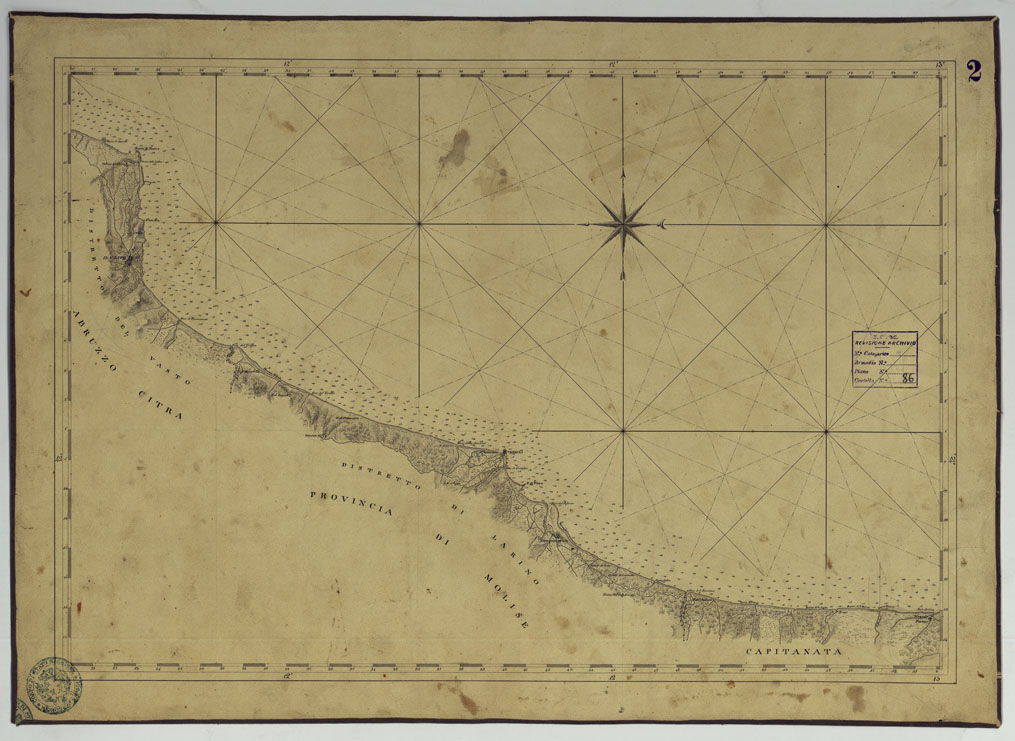 (N:4015) CARTA DI CABOTAGGIO DELLA COSTA DEL REGNO DELLE DUE SICILIE BAGNATA DALL'ADRIATICO DAL FIUME TRONTO AL CAPO DI S.TA MARIA DI LEUCA ESEGUITA NEL REALE OFFICIO TOPOGRAFICO. NAPOLI, 1834  - FOGLIO 2. (CA007050) Carte e stampe antiche: riproduzione a colori su carta (formato A1)