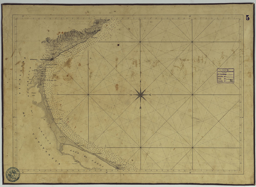 (N:4017) CARTA DI CABOTAGGIO DELLA COSTA DEL REGNO DELLE DUE SICILIE BAGNATA DALL'ADRIATICO DAL FIUME TRONTO AL CAPO DI S.TA MARIA DI LEUCA ESEGUITA NEL REALE OFFICIO TOPOGRAFICO. NAPOLI, 1834 - FOGLIO 5. (CA007052) Carte e stampe antiche: riproduzione a colori su carta (formato A1)