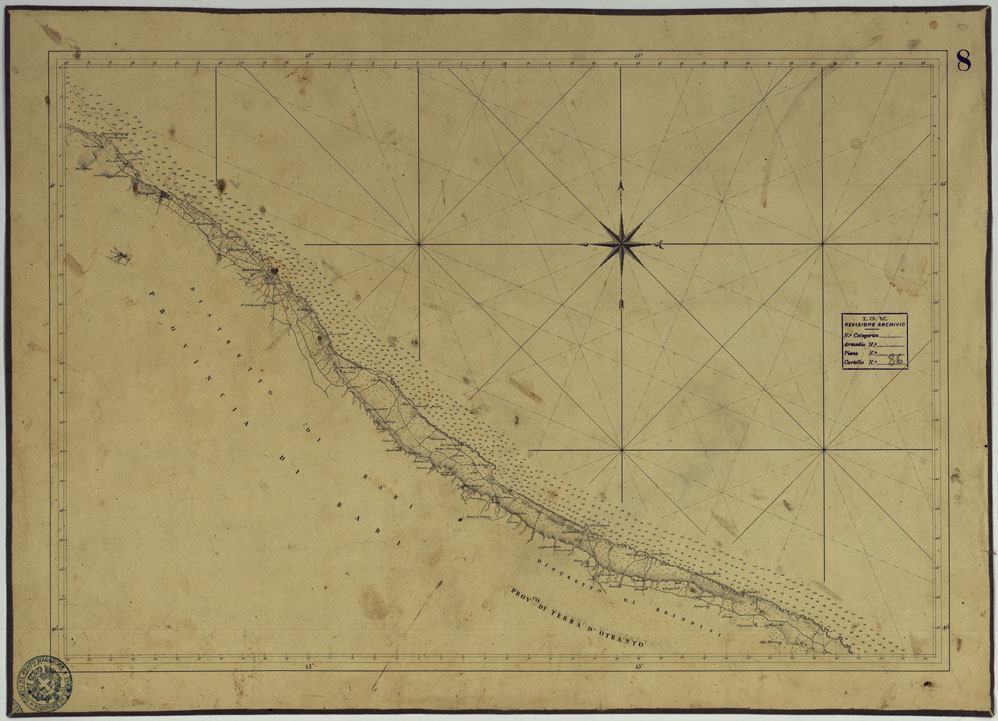 (N:4020) CARTA DI CABOTAGGIO DELLA COSTA DEL REGNO DELLE DUE SICILIE BAGNATA DALL'ADRIATICO DAL FIUME TRONTO AL CAPO DI S.TA MARIA DI LEUCA ESEGUITA NEL REALE OFFICIO TOPOGRAFICO. NAPOLI, 1834 - FOGLIO 8. (CA007055) Carte e stampe antiche: riproduzione a colori su carta (formato A1)