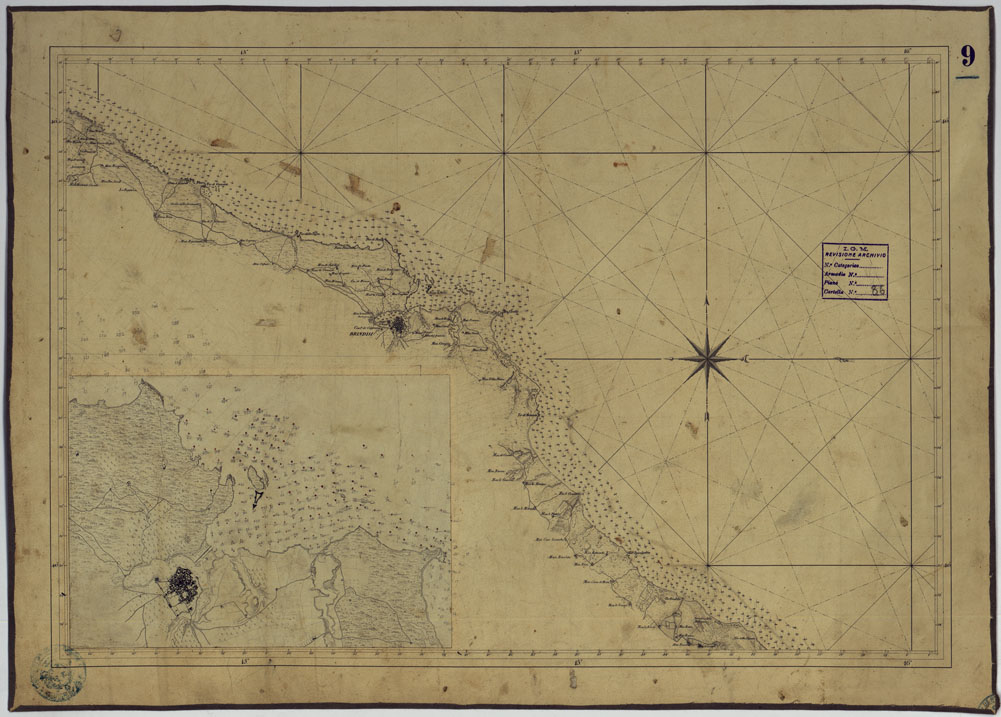 (N:4021) CARTA DI CABOTAGGIO DELLA COSTA DEL REGNO DELLE DUE SICILIE BAGNATA DALL'ADRIATICO DAL FIUME TRONTO AL CAPO DI S.TA MARIA DI LEUCA ESEGUITA NEL REALE OFFICIO TOPOGRAFICO. NAPOLI, 1834 - FOGLIO 9. (CA007056) Carte e stampe antiche: riproduzione a colori su carta (formato A1)