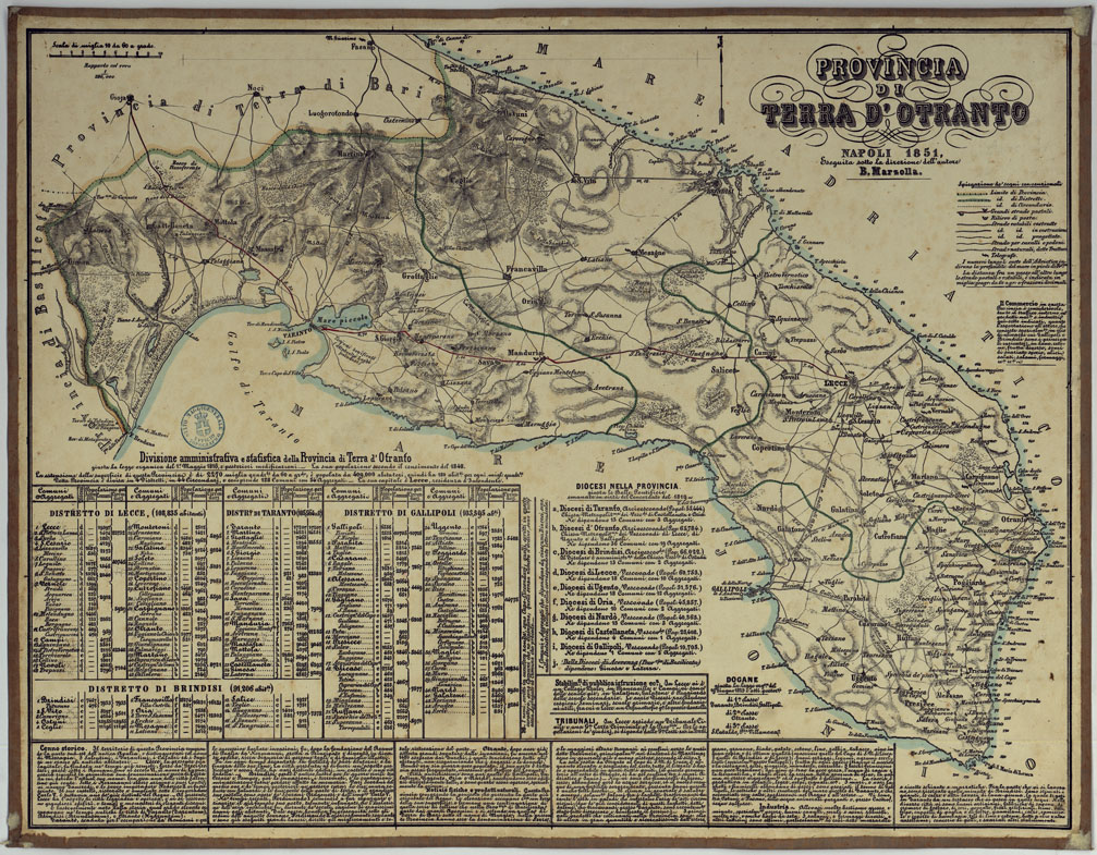 (N:14794) CARTA AMMINISTRATIVA DEL REGNO DELLE DUE SICILIE DIVISA IN SINGOLE PROVINCIE - PROVINCIA DI TERRA D'OTRANTO. (CA007072) Carte e stampe antiche: riproduzione a colori su carta (formato A1)