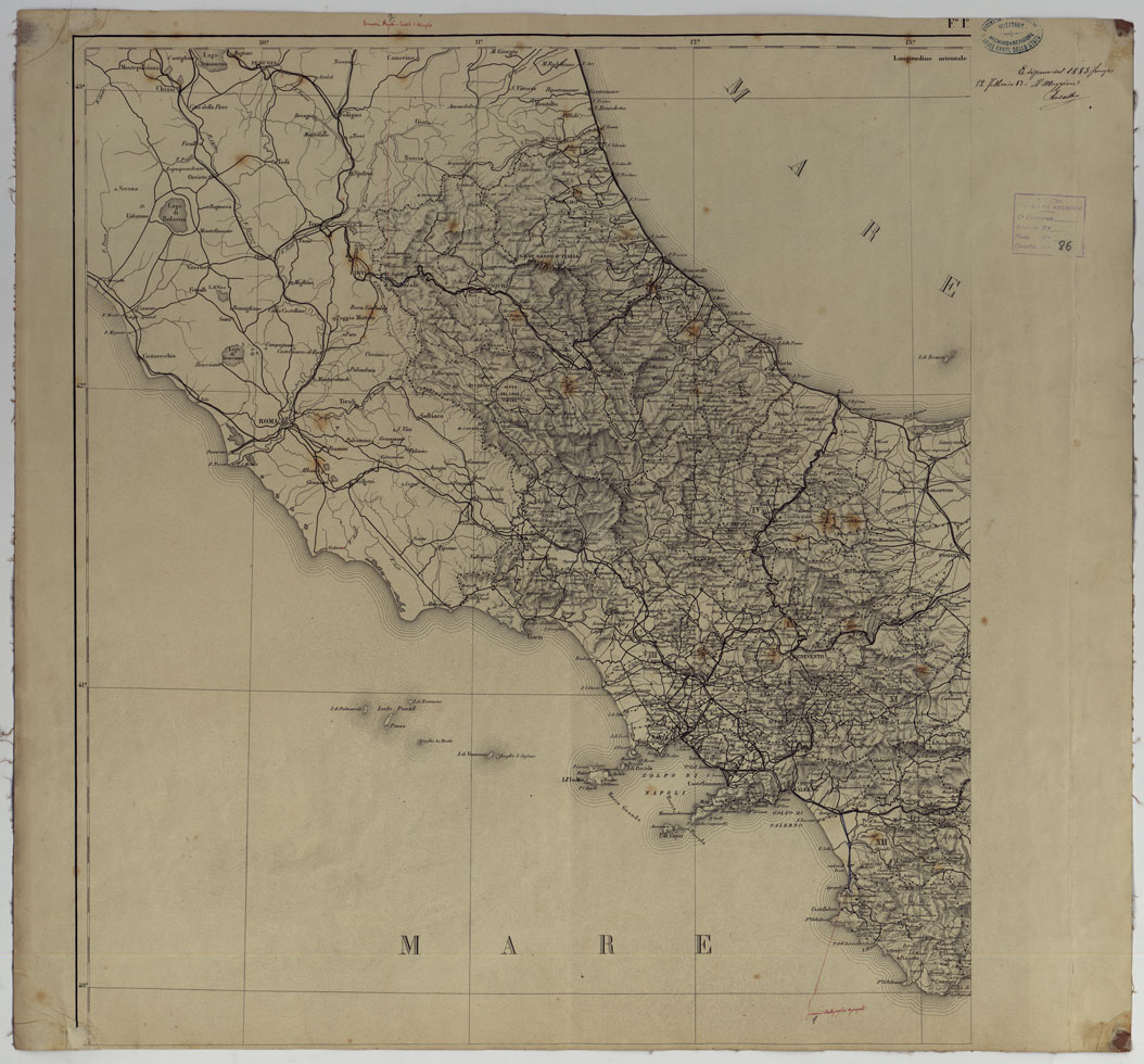 (N:3951) CARTA DELLE PROVINCIE MERIDIONALI D'ITALIA INDICANTE LE TAPPE MILITARI ED I RILIEVI POSTALI COSTRUTTA NEL R.LE OFFICIO TOPOGRAFICO DI NAPOLI SUI MIGLIORI ELEMENTI GEODETICI E TOPOGRAFICI - FOGLIO 1. (CA007085) Carte e stampe antiche: riproduzione a colori su carta (formato A1)