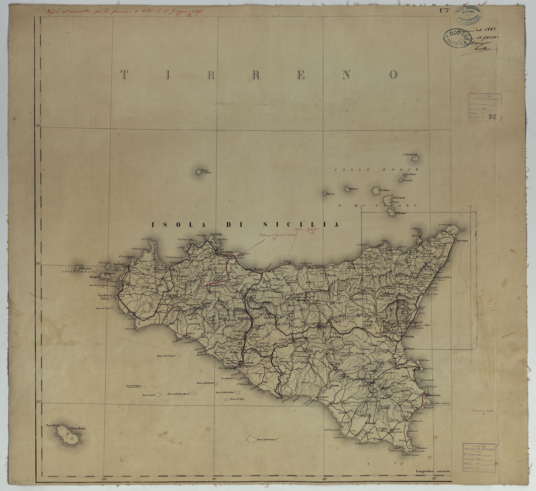 (N:3953) CARTA DELLE PROVINCIE MERIDIONALI D'ITALIA INDICANTE LE TAPPE MILITARI ED I RILIEVI POSTALI COSTRUTTA NEL R.LE OFFICIO TOPOGRAFICO DI NAPOLI SUI MIGLIORI ELEMENTI GEODETICI E TOPOGRAFICI - FOGLIO 3. (CA007087) Carte e stampe antiche: riproduzione a colori su carta (formato A1)