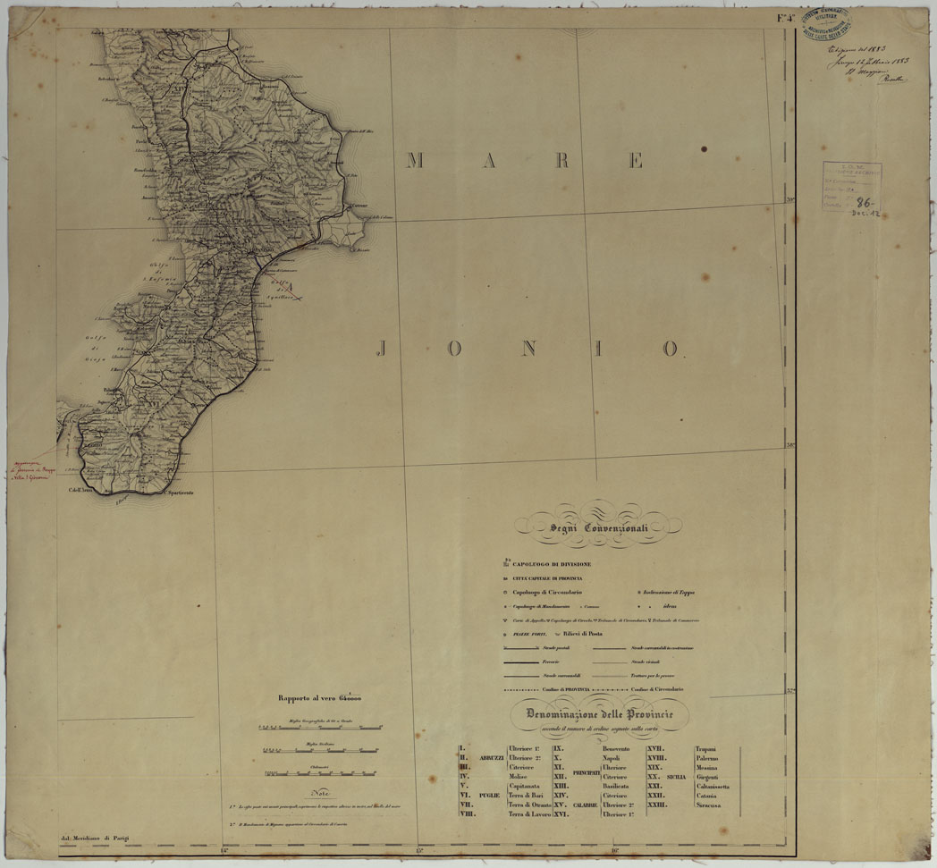 (N:3954) CARTA DELLE PROVINCIE MERIDIONALI D'ITALIA INDICANTE LE TAPPE MILITARI ED I RILIEVI POSTALI COSTRUTTA NEL R.LE OFFICIO TOPOGRAFICO DI NAPOLI SUI MIGLIORI ELEMENTI GEODETICI E TOPOGRAFICI - FOGLIO 4. (CA007088) Carte e stampe antiche: riproduzione a colori su carta (formato A1)