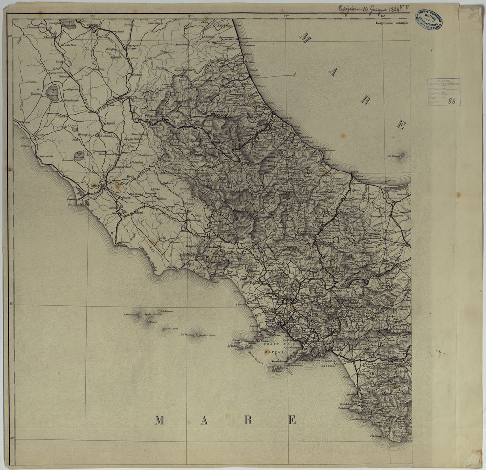 (N:25067) CARTA DELLE PROVINCIE MERIDIONALI D'ITALIA INDICANTE LE TAPPE MILITARI ED I RILIEVI POSTALI COSTRUTTA NEL R.LE OFFICIO TOPOGRAFICO DI NAPOLI SUI MIGLIORI ELEMENTI GEODETICI E TOPOGRAFICI - FOGLIO 1 (CA007089) Carte e stampe antiche: riproduzione a colori su carta (formato A1)